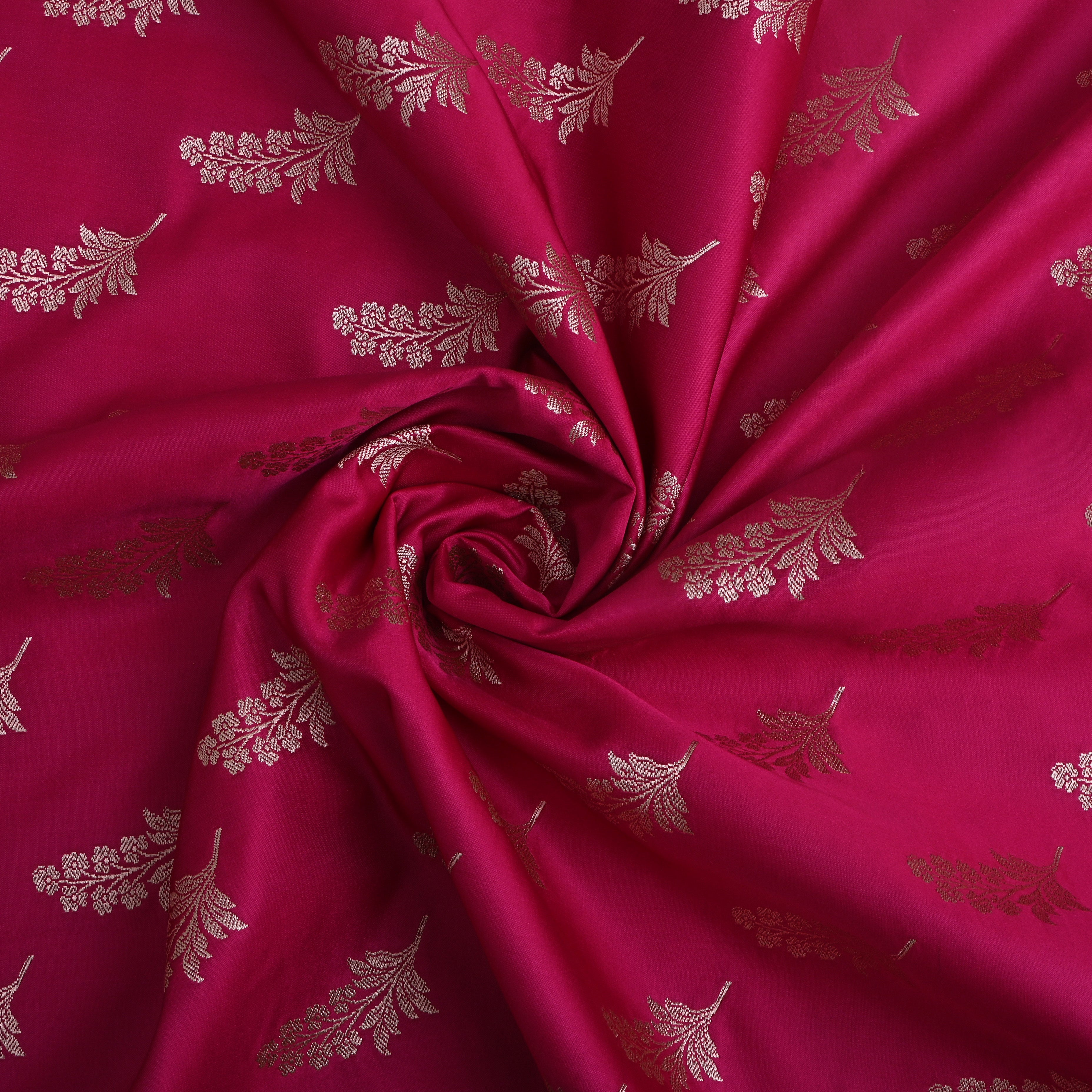 Bright Pink Floral Zari Satin Fabric