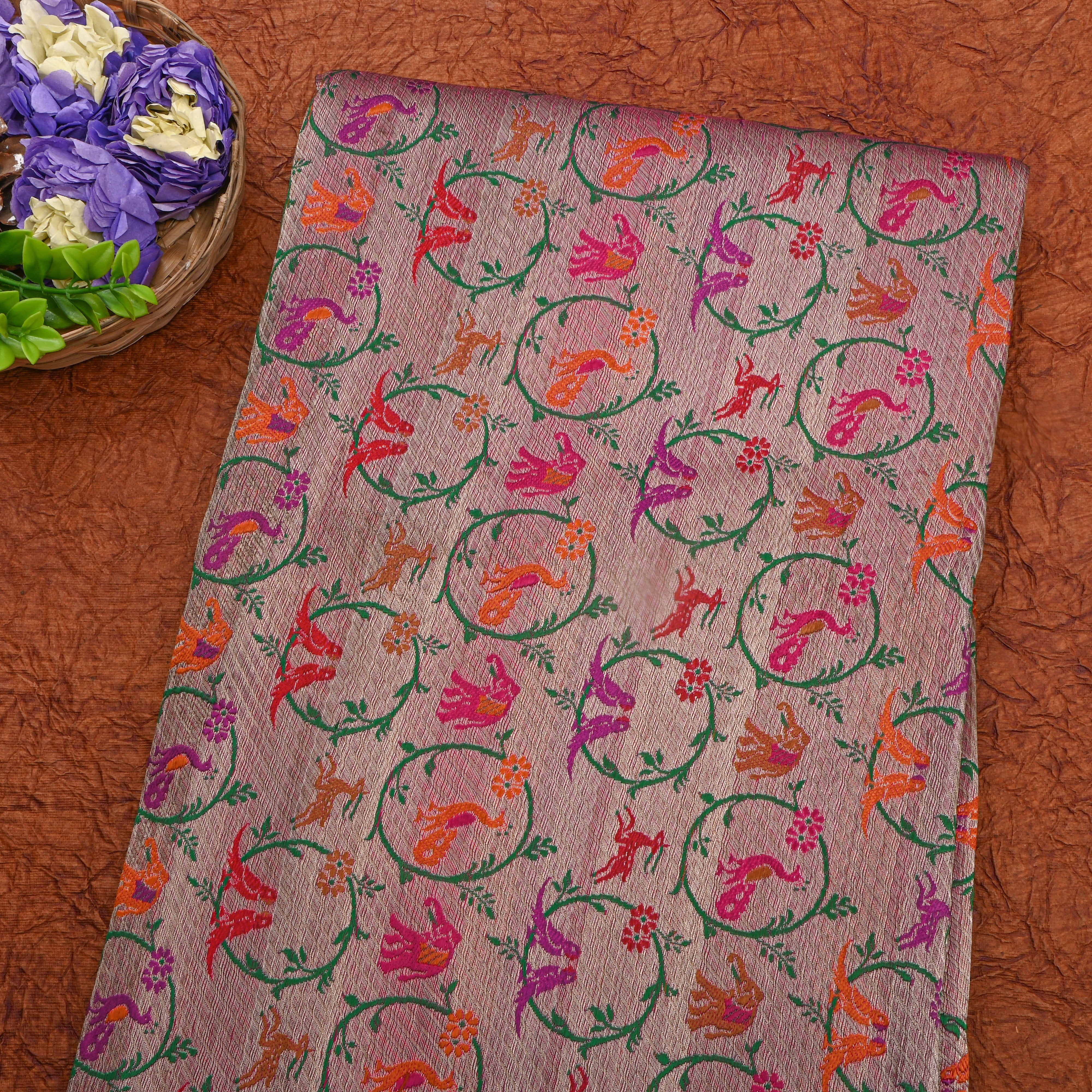 Rose Pink Multicolour Animal Motif Jamawar Silk Fabric