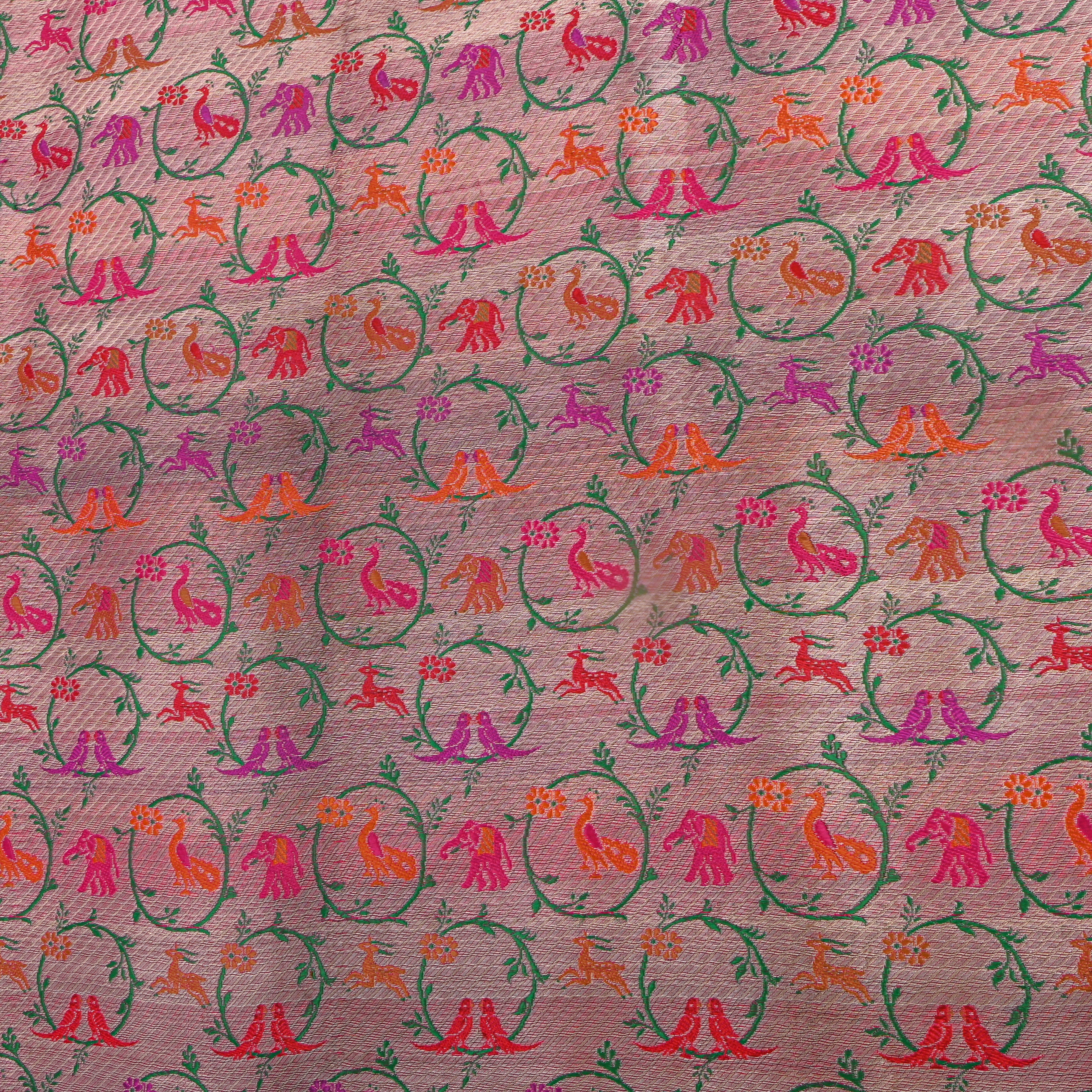 Rose Pink Multicolour Animal Motif Jamawar Silk Fabric