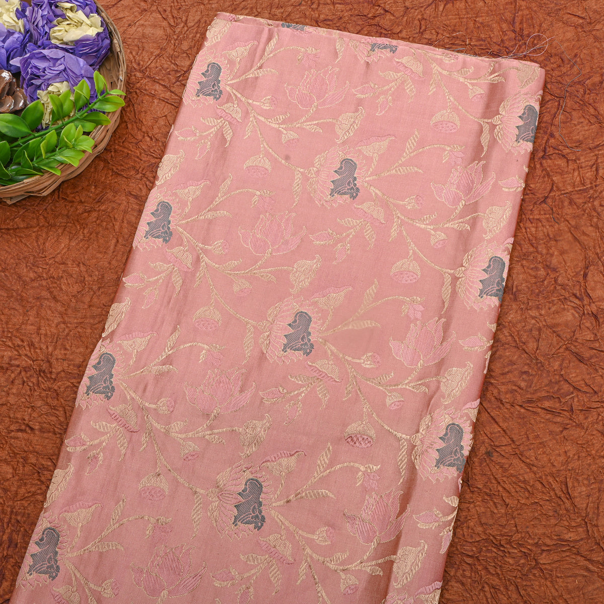 Pastle Pink Gold Zari Floral Jaal Woven Jamawar Silk