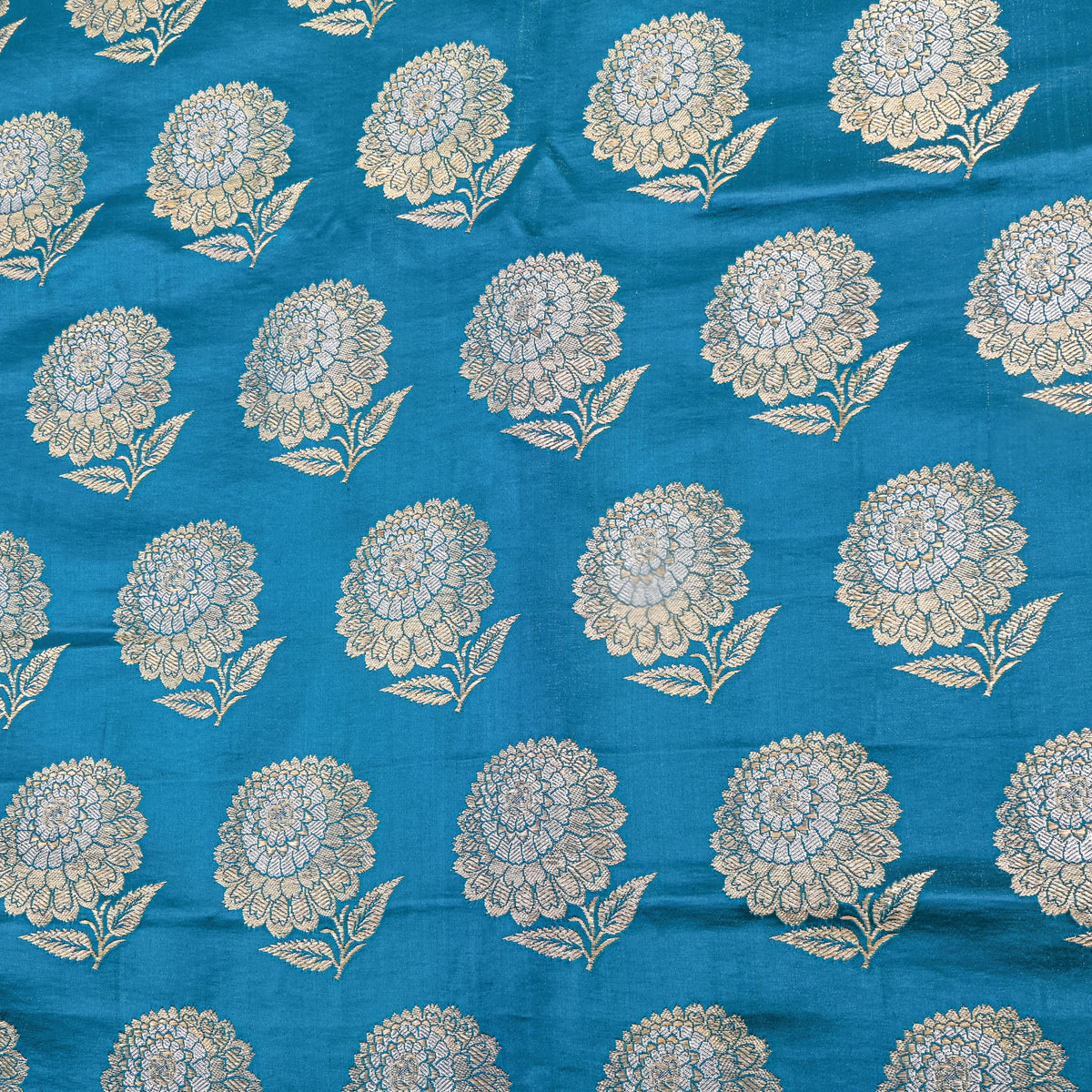 Teal Gold Marigold Motif Silk Fabric
