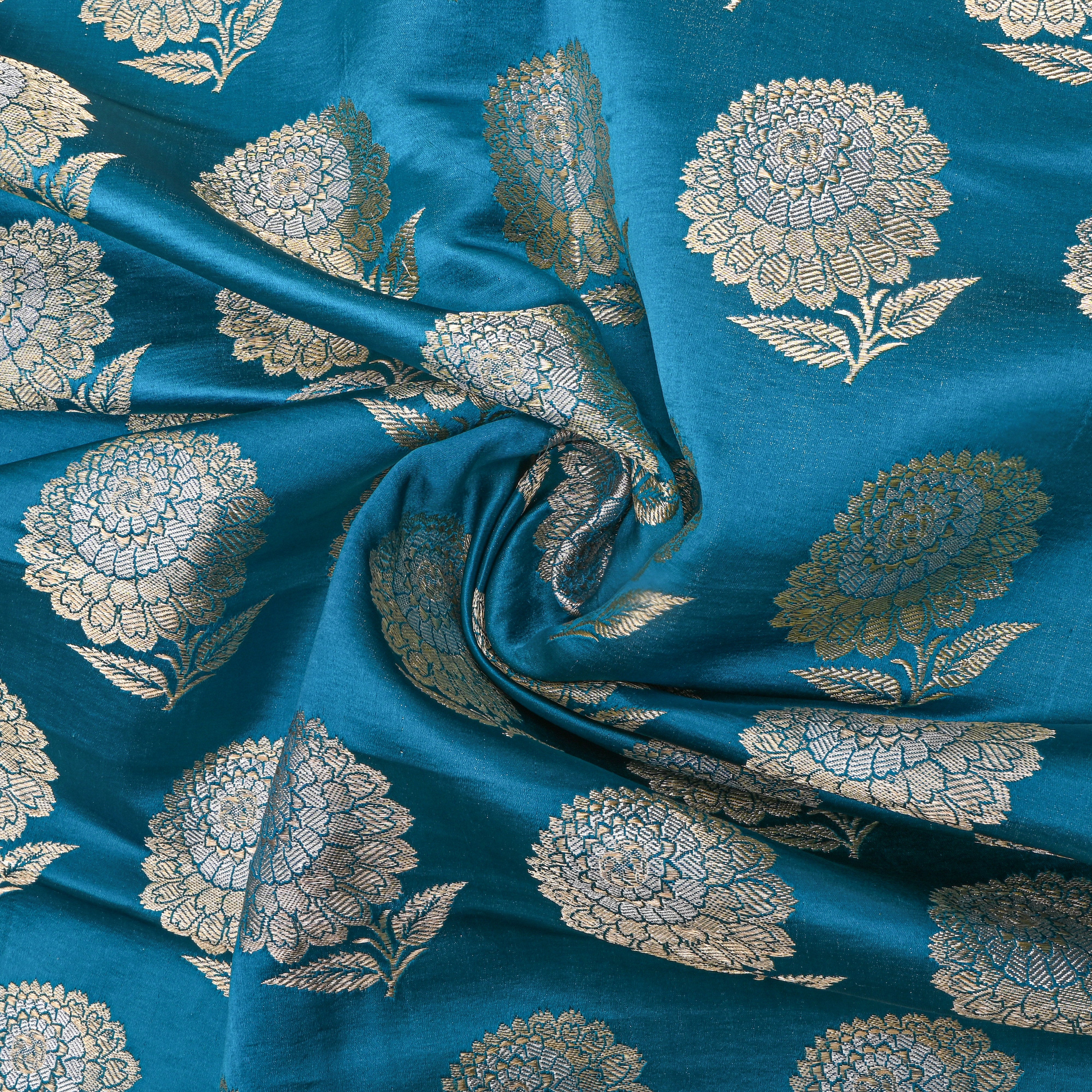 Teal Gold Marigold Motif Silk Fabric