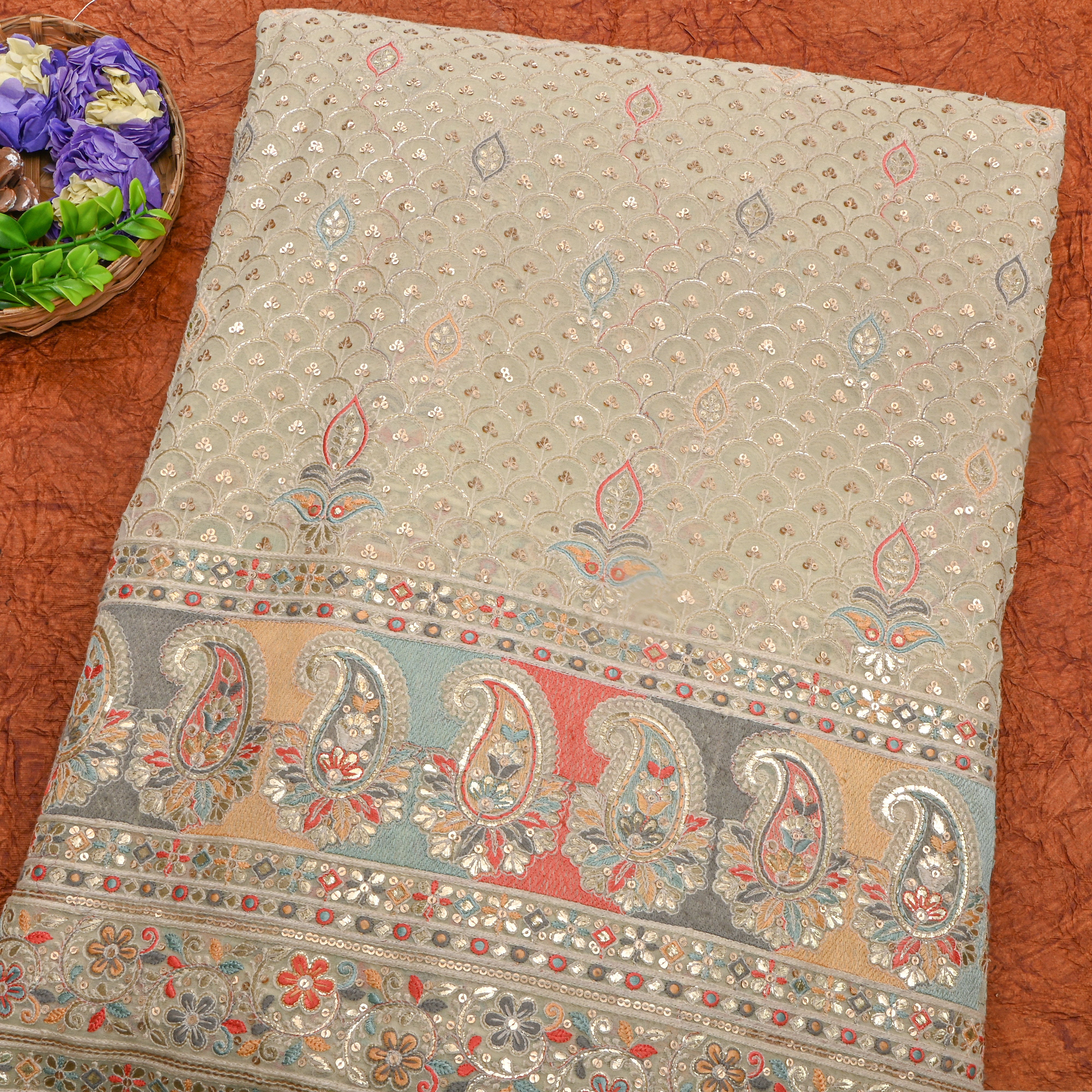 Beige With Multicolour Aari Zardozi Georgette Fabric