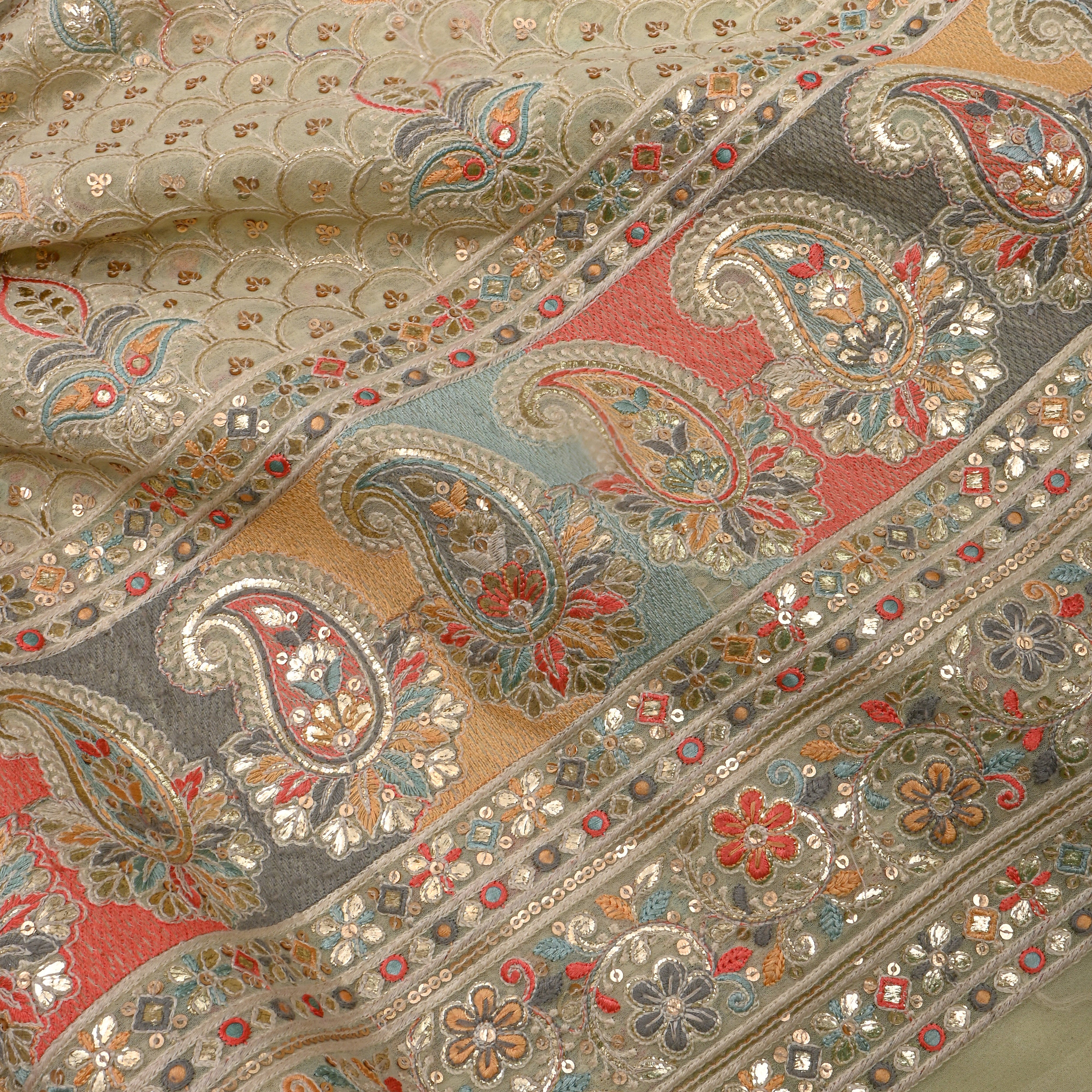 Beige With Multicolour Aari Zardozi Georgette Fabric