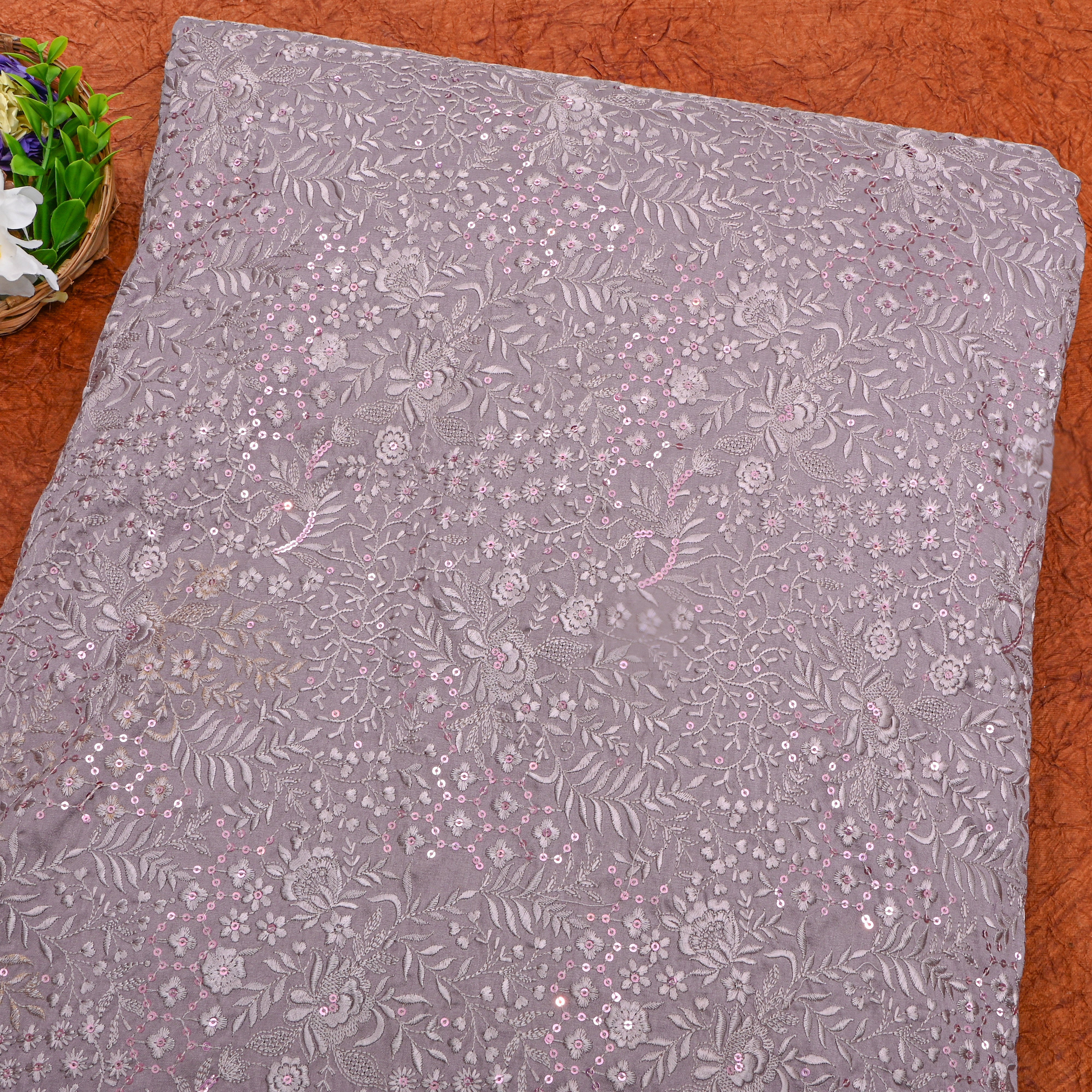 Dust Purple Mini Floral Jaal Embroidery Silk Fabric