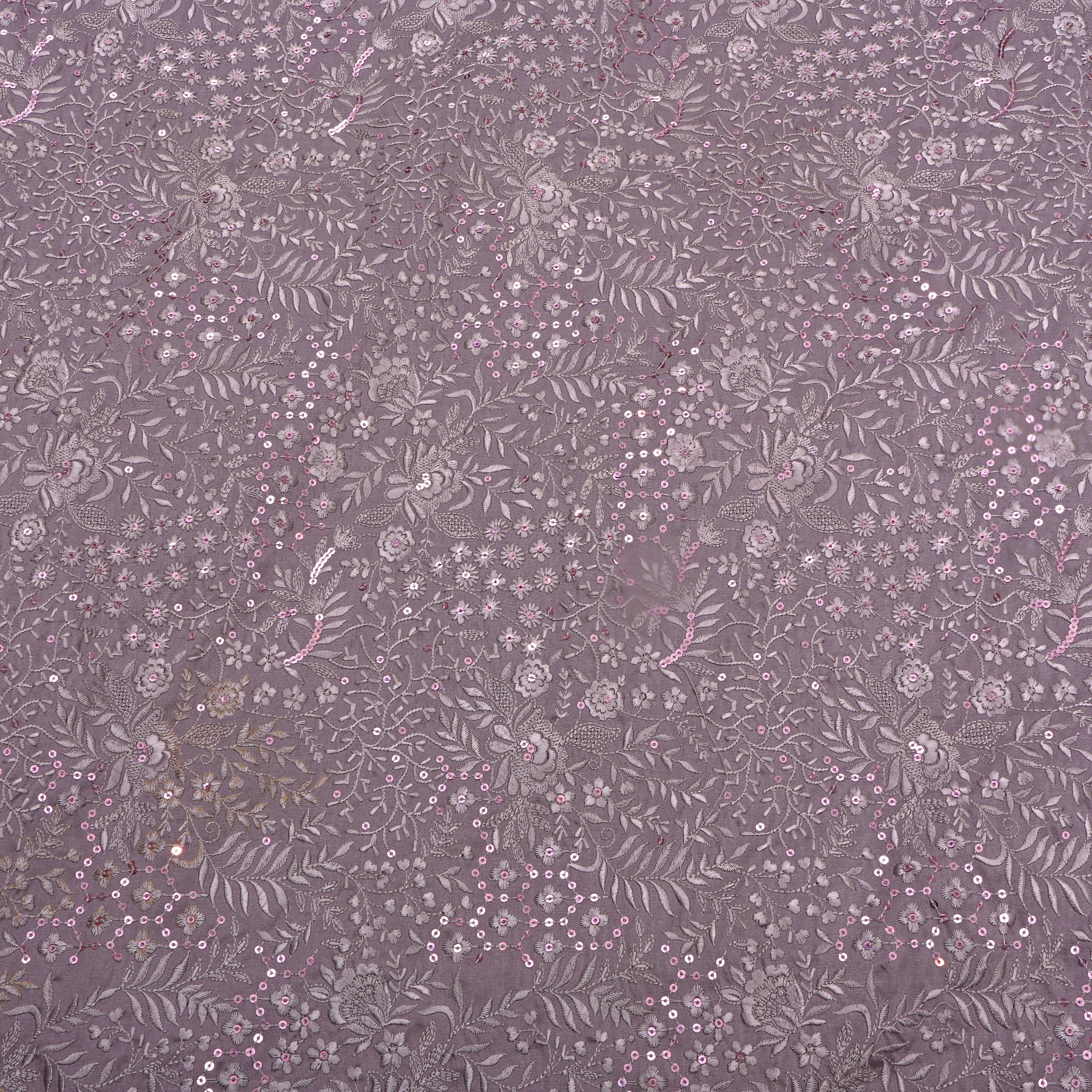 Dust Purple Mini Floral Jaal Embroidery Silk Fabric