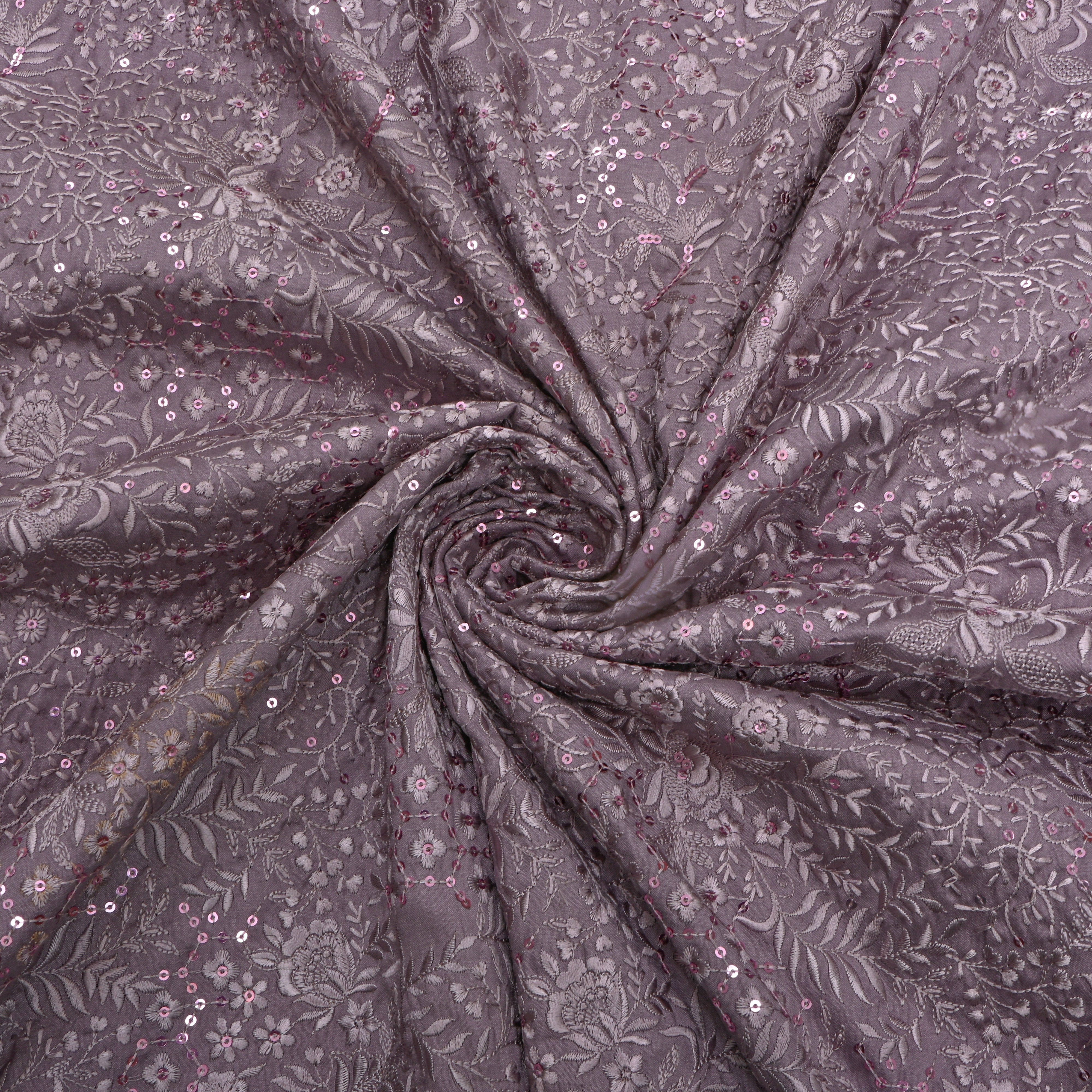 Dust Purple Mini Floral Jaal Embroidery Silk Fabric