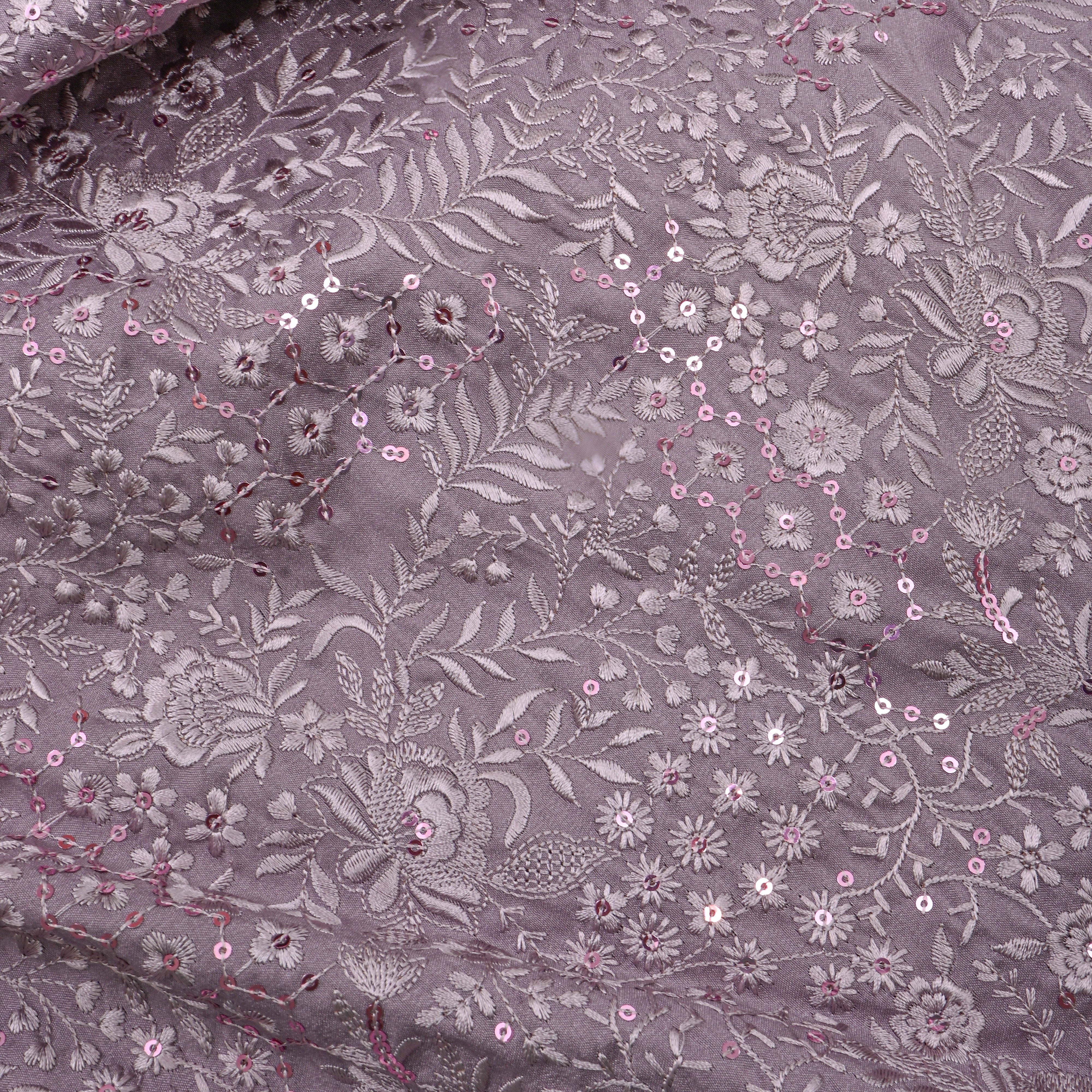 Dust Purple Mini Floral Jaal Embroidery Silk Fabric