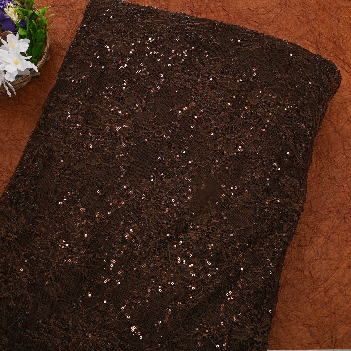 Daek Chocolate Brown All-Over Sequin Floral Net Fabric