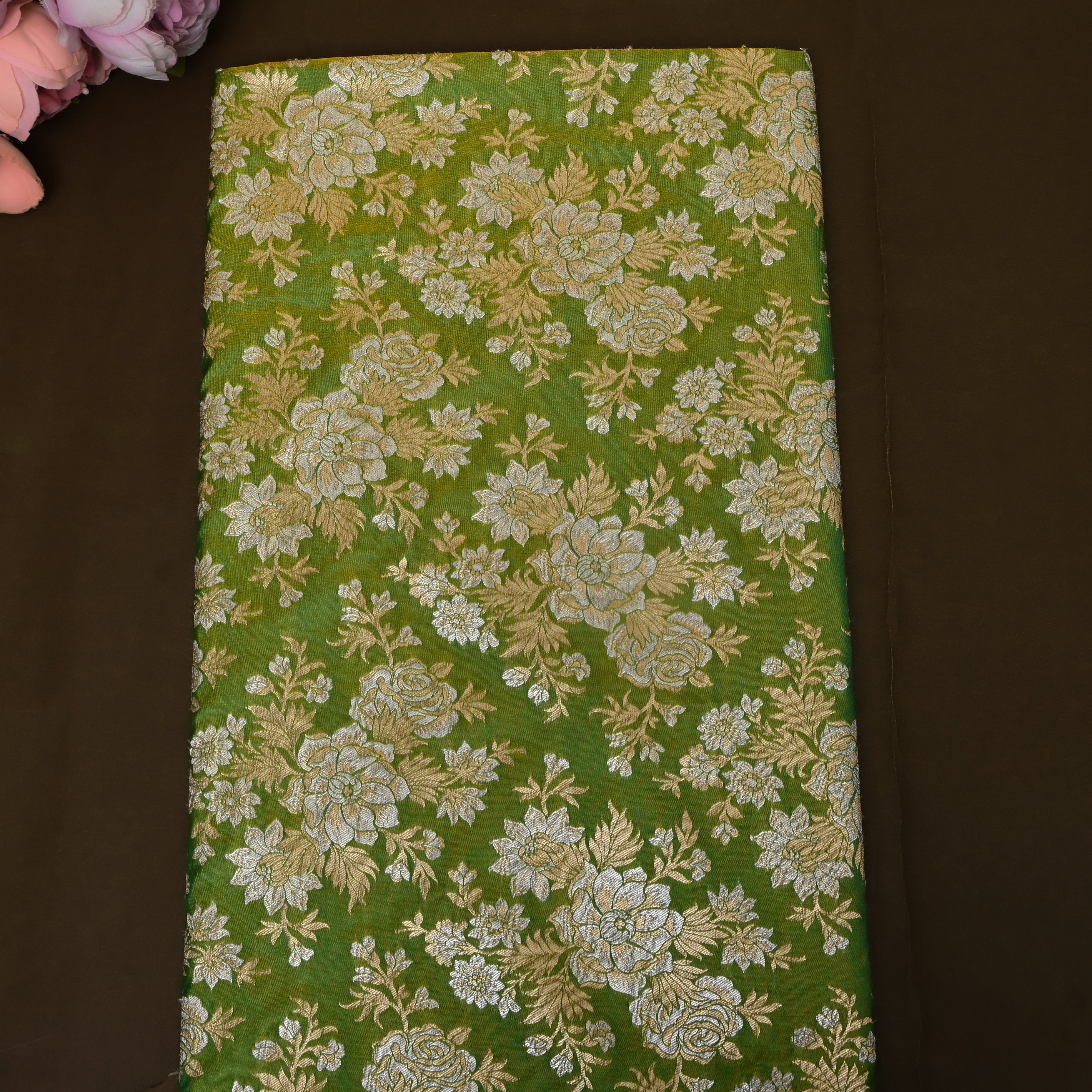 Olive Green Golden Rose Bloom Jamawar Silk