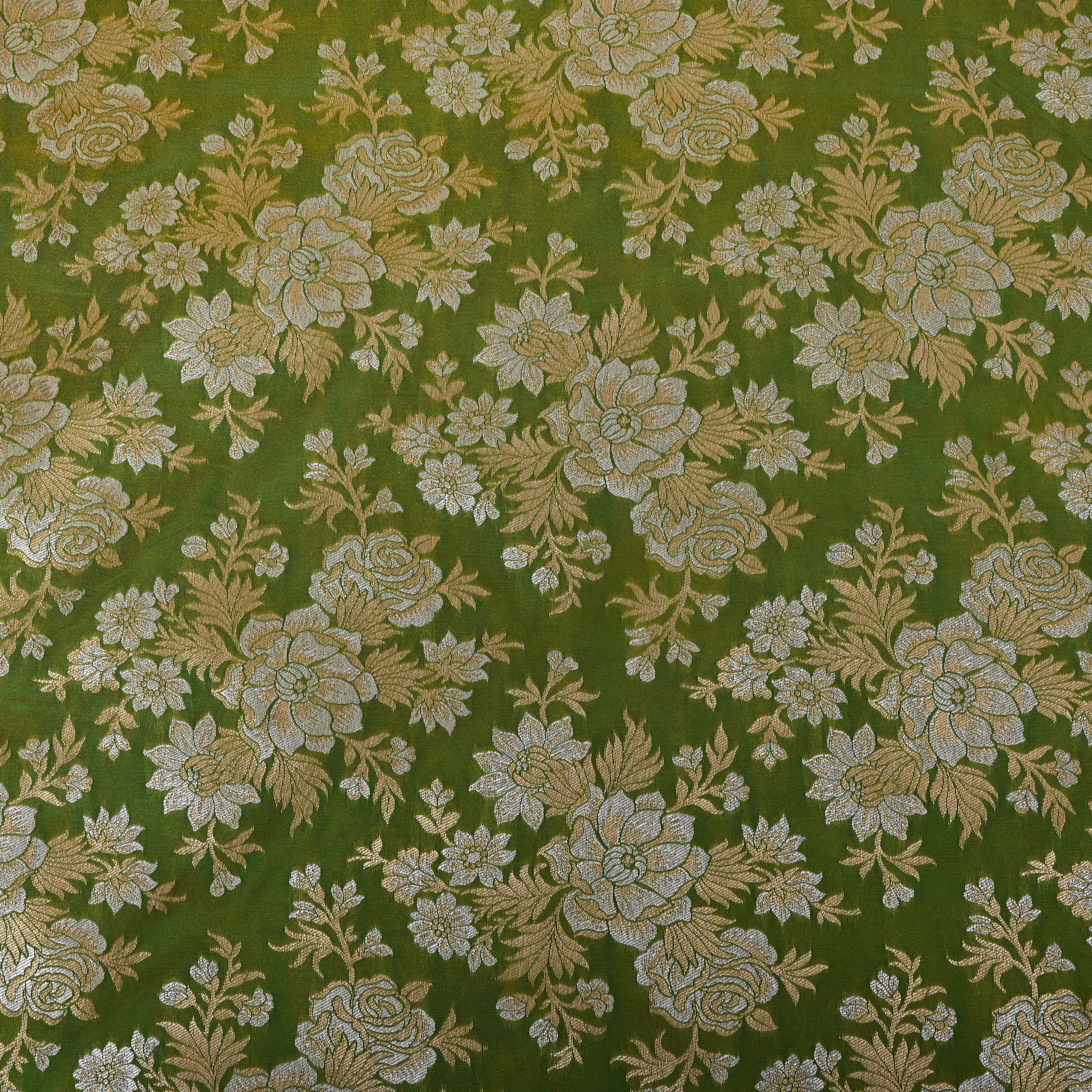Olive Green Golden Rose Bloom Jamawar Silk