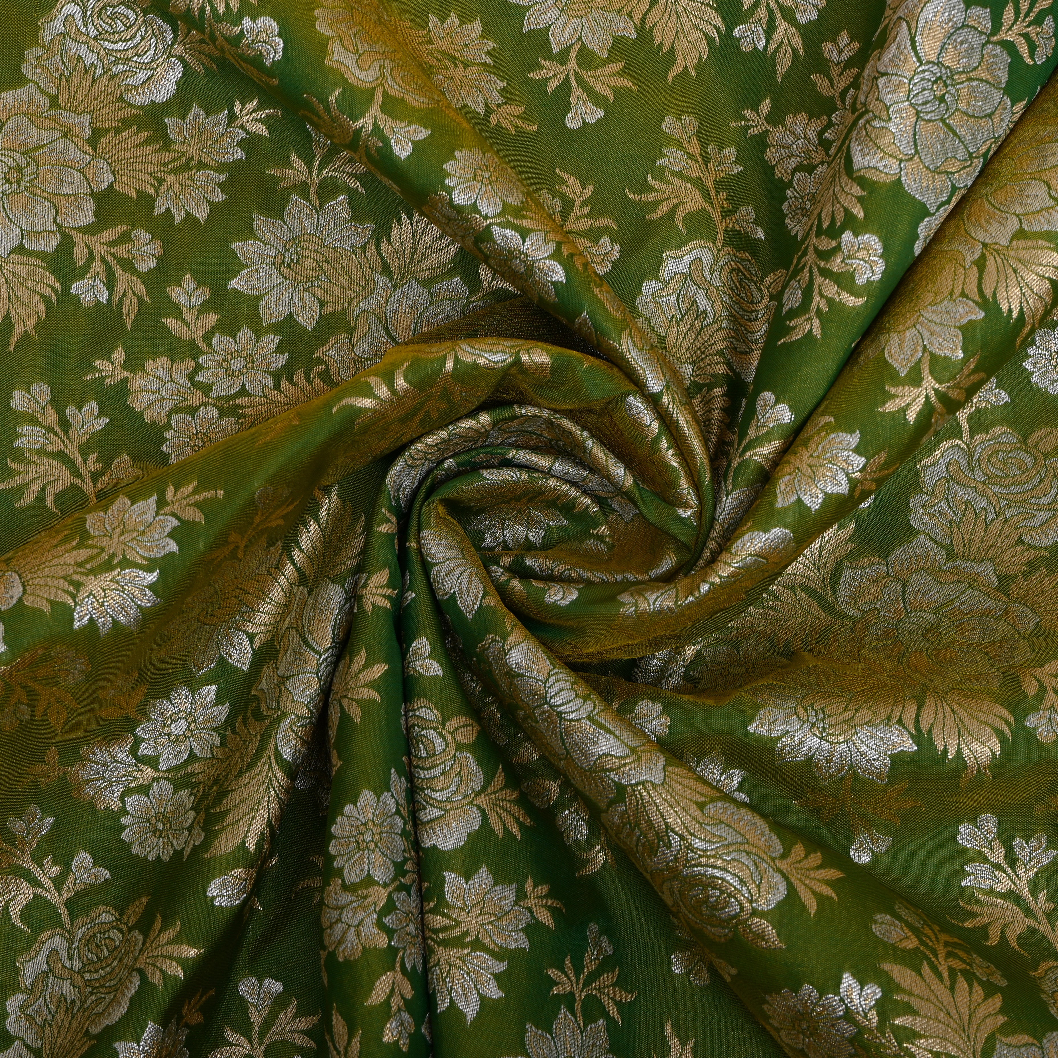 Olive Green Golden Rose Bloom Jamawar Silk