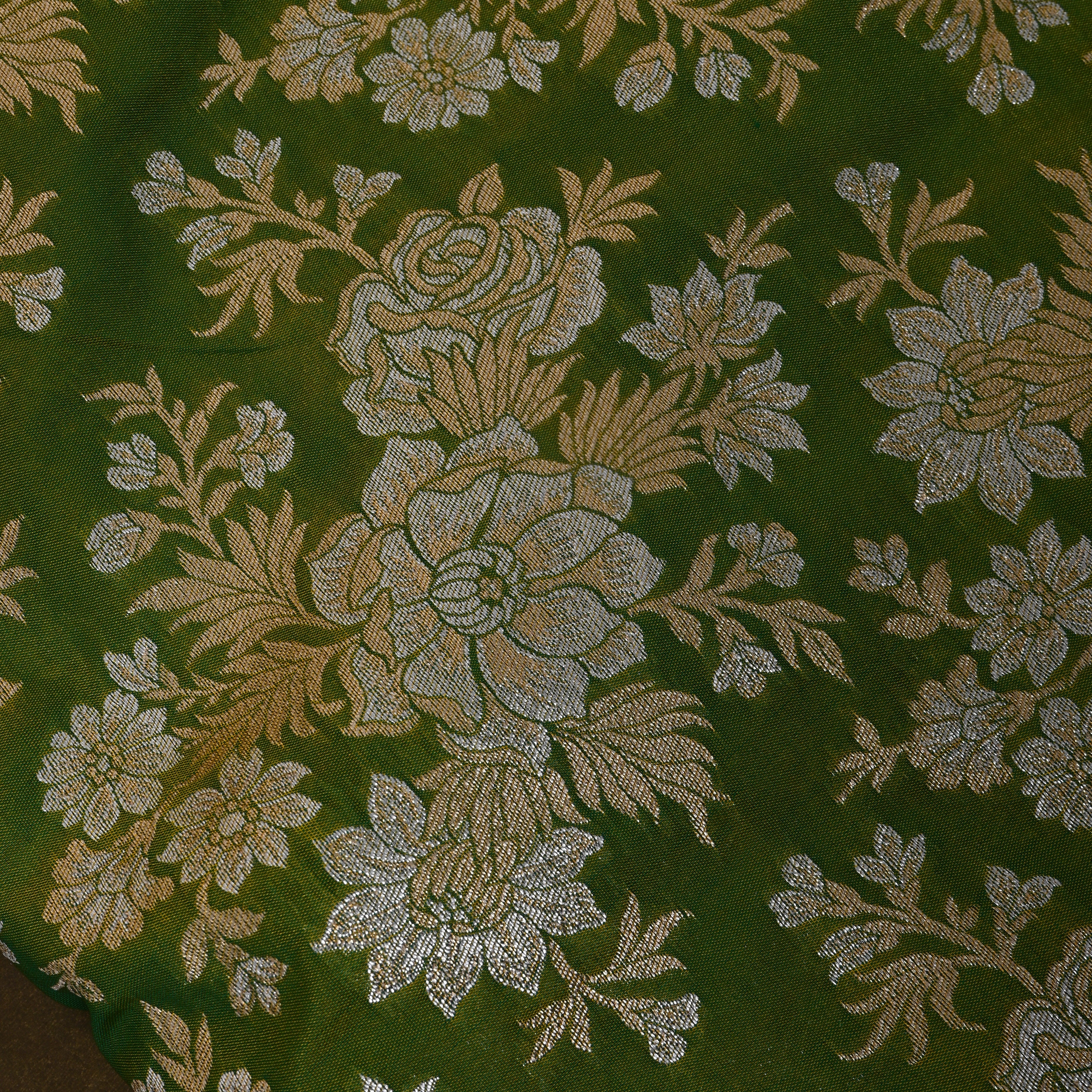 Olive Green Golden Rose Bloom Jamawar Silk