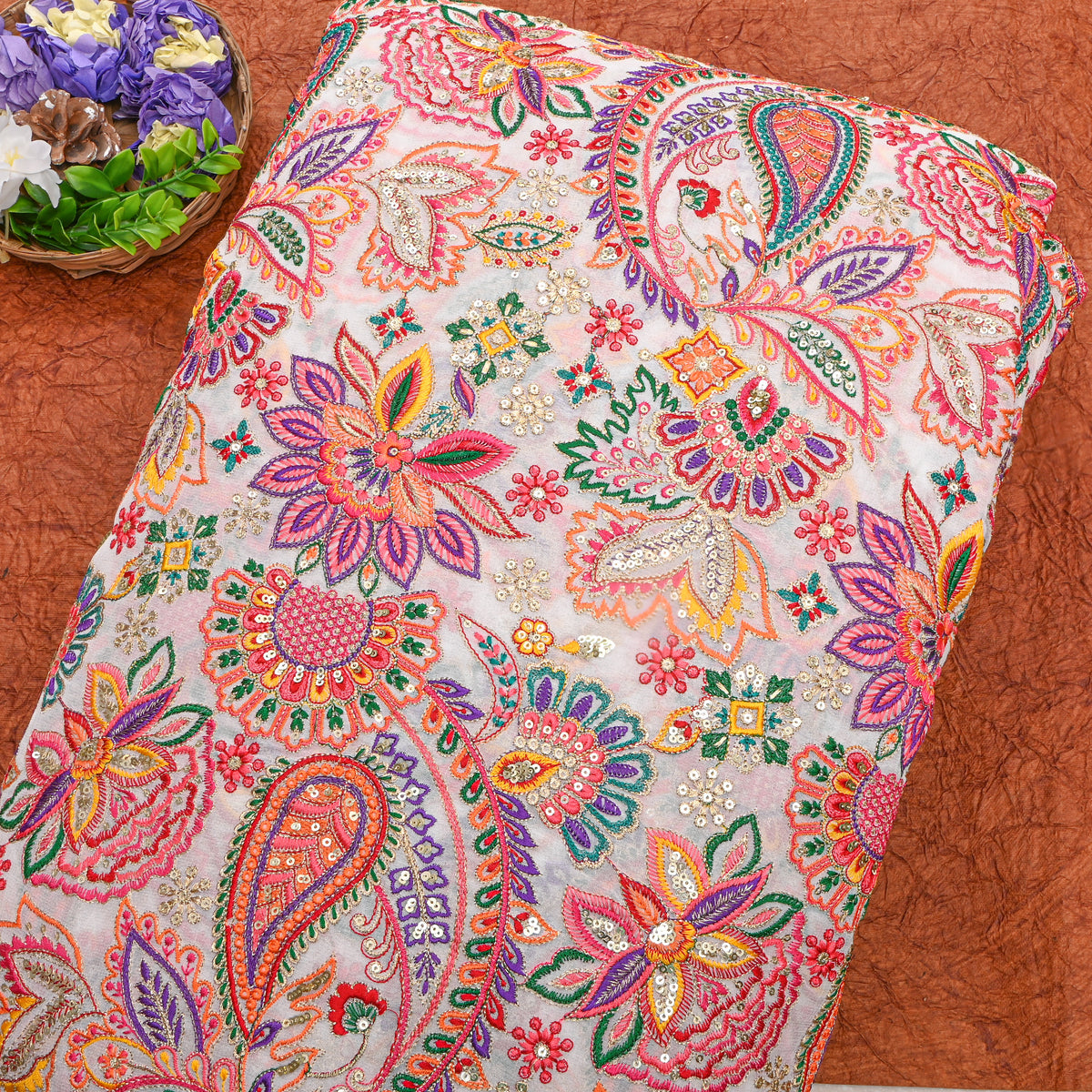 Pearl White Multicolour Paisley Floral Embroidery Georgette Fabric