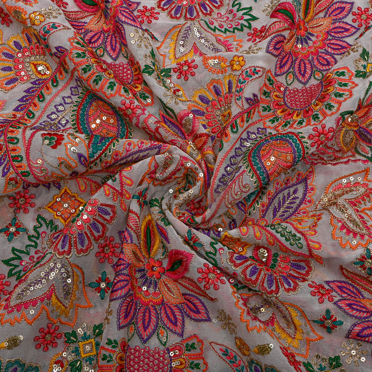 Pearl White Multicolour Paisley Floral Embroidery Georgette Fabric