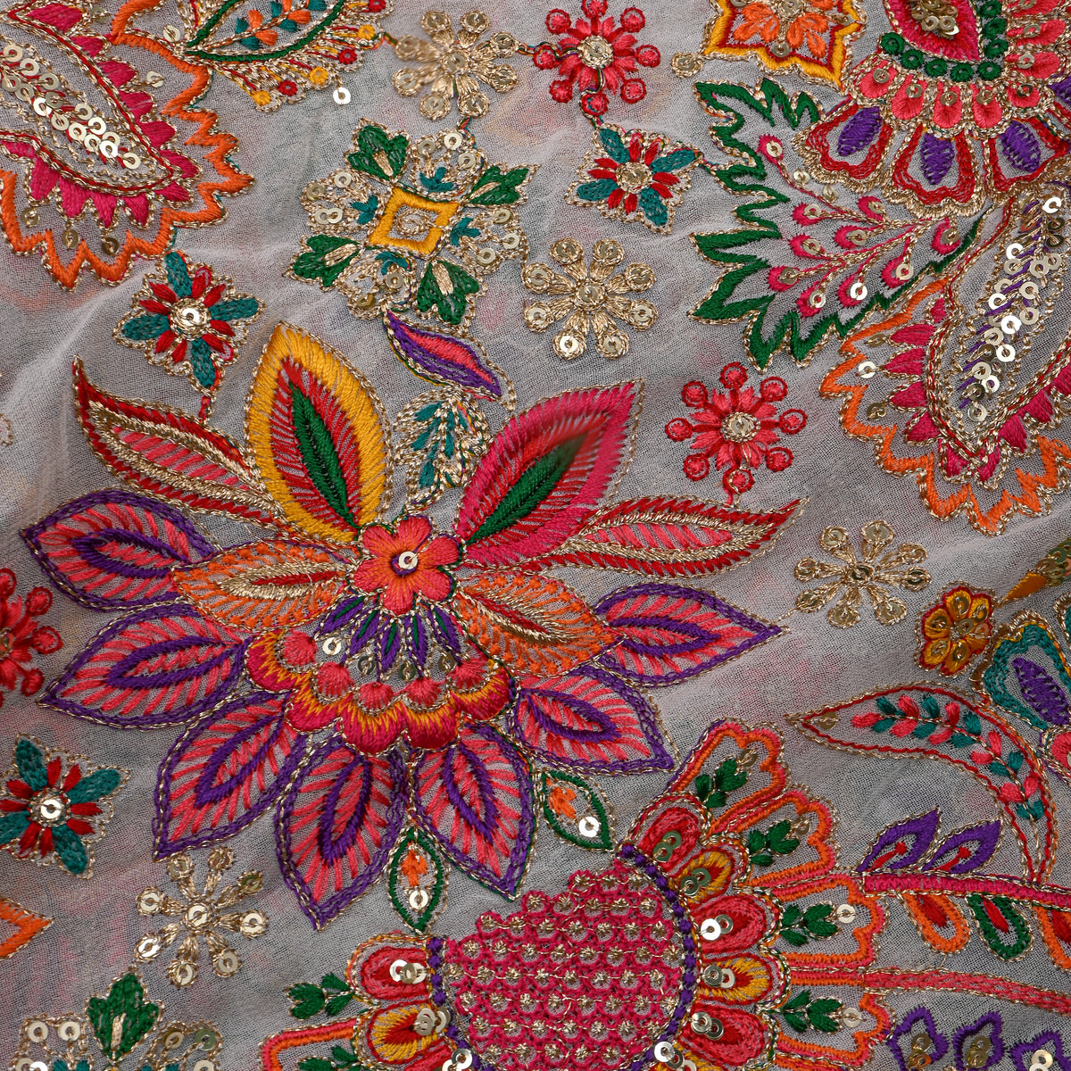 Pearl White Multicolour Paisley Floral Embroidery Georgette Fabric