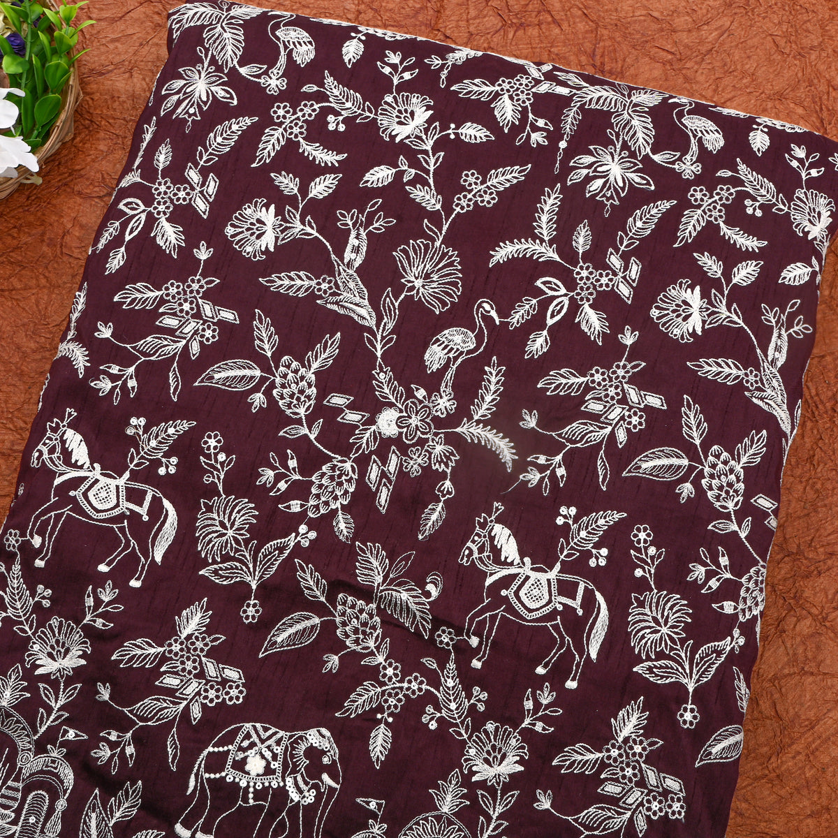 Maroon White Thread Work Shikargah Silk Fabric