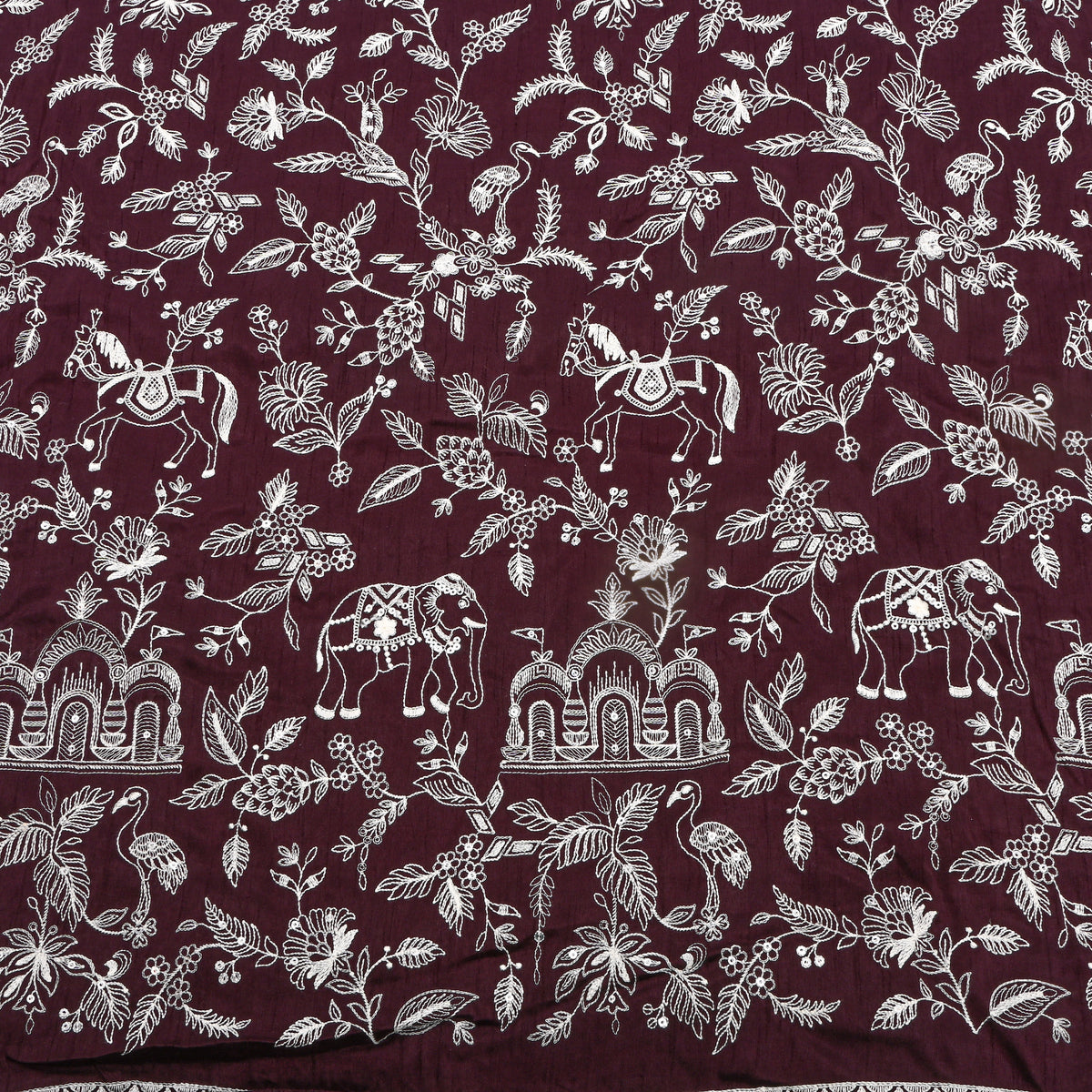 Maroon White Thread Work Shikargah Silk Fabric