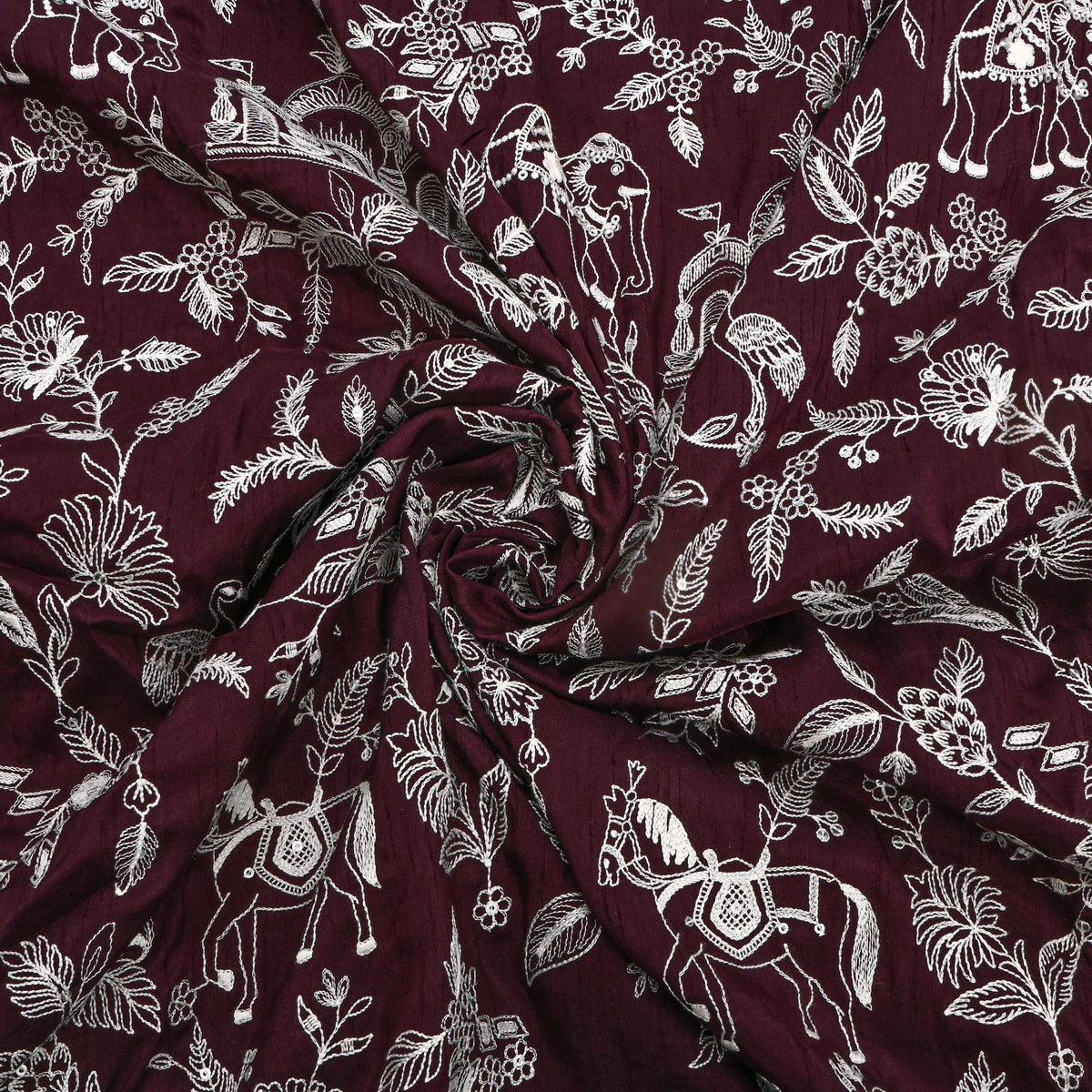 Maroon White Thread Work Shikargah Silk Fabric