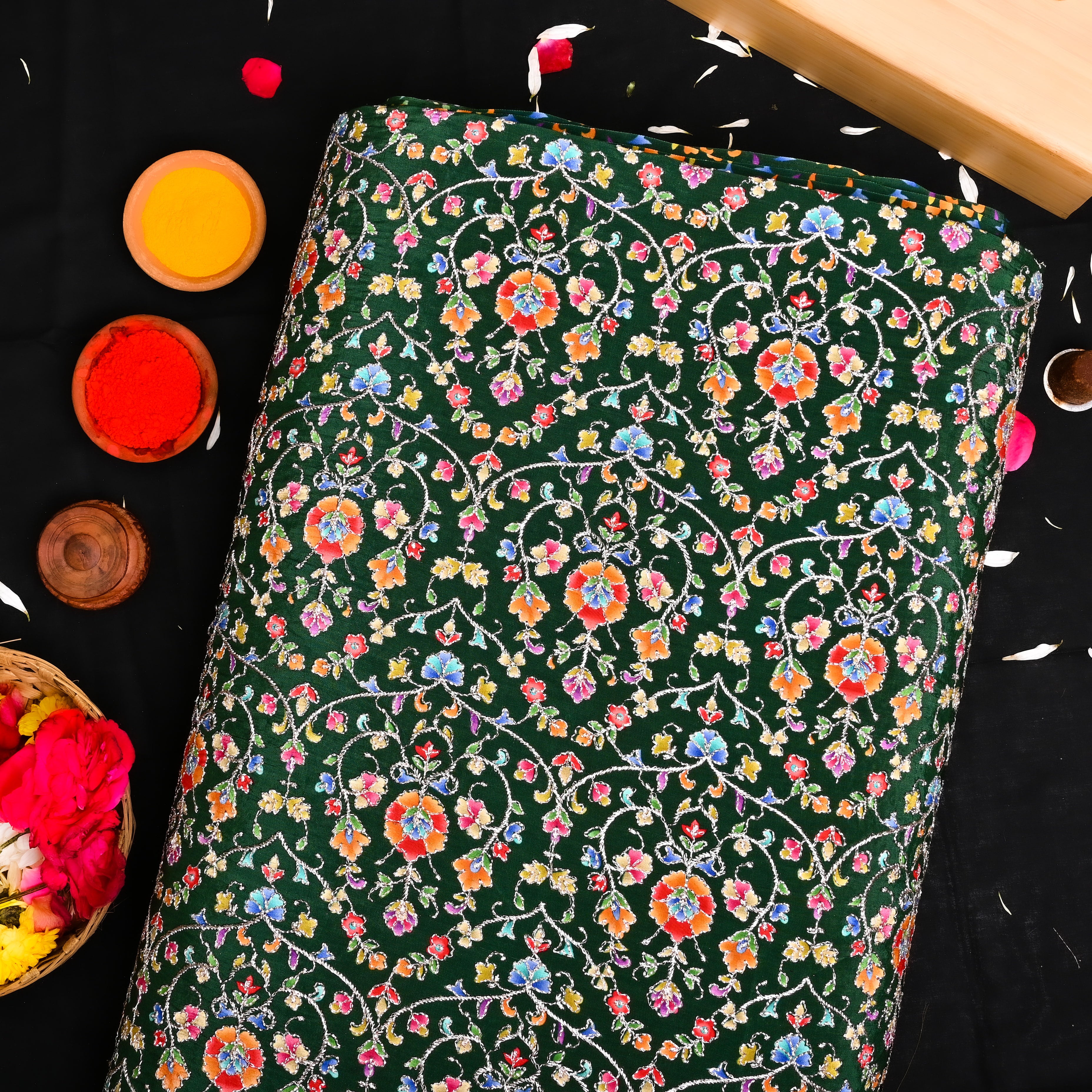 Dark Green Organza Fabric With Embroidery