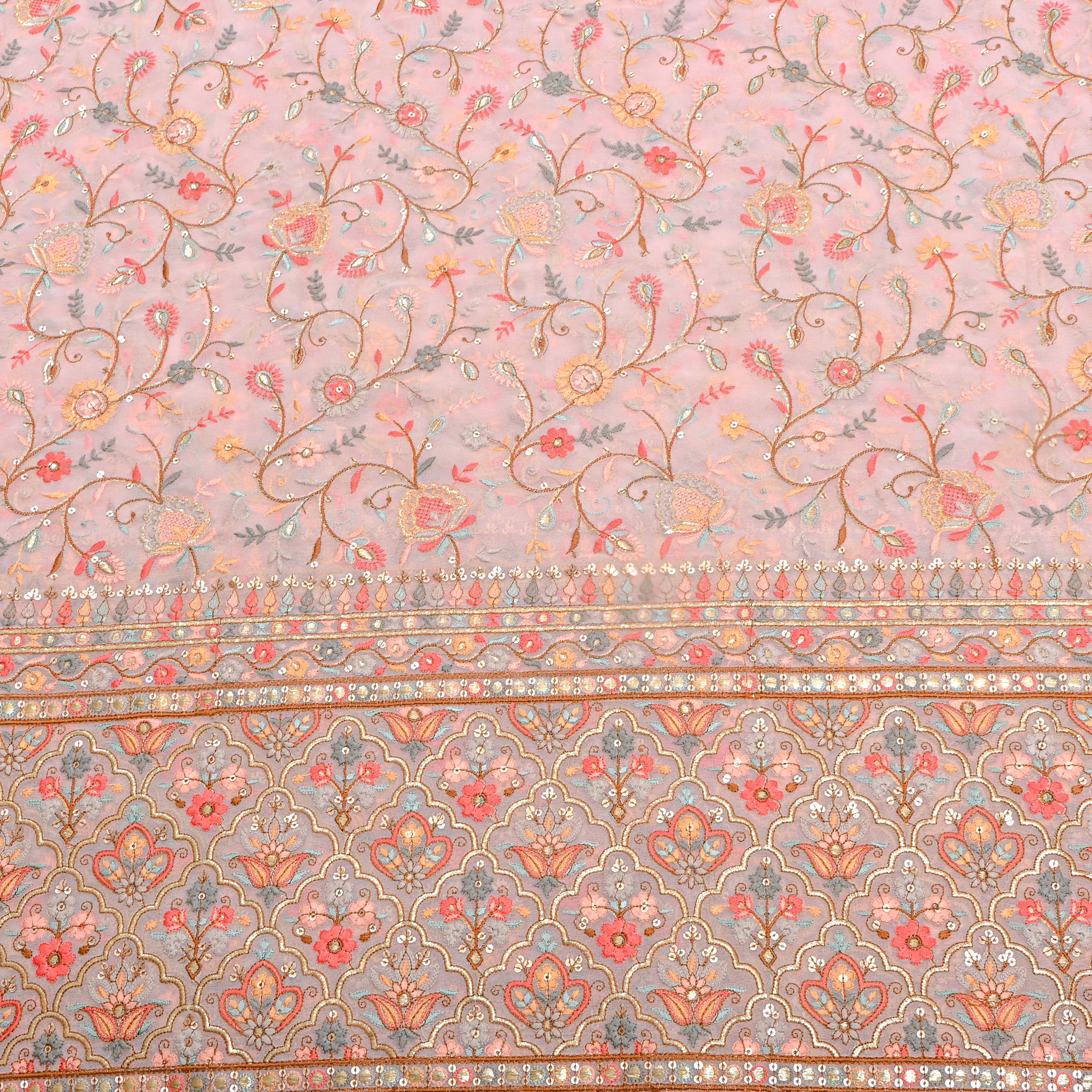 Pink Multicolour Resham Jaal Georgette Fabric