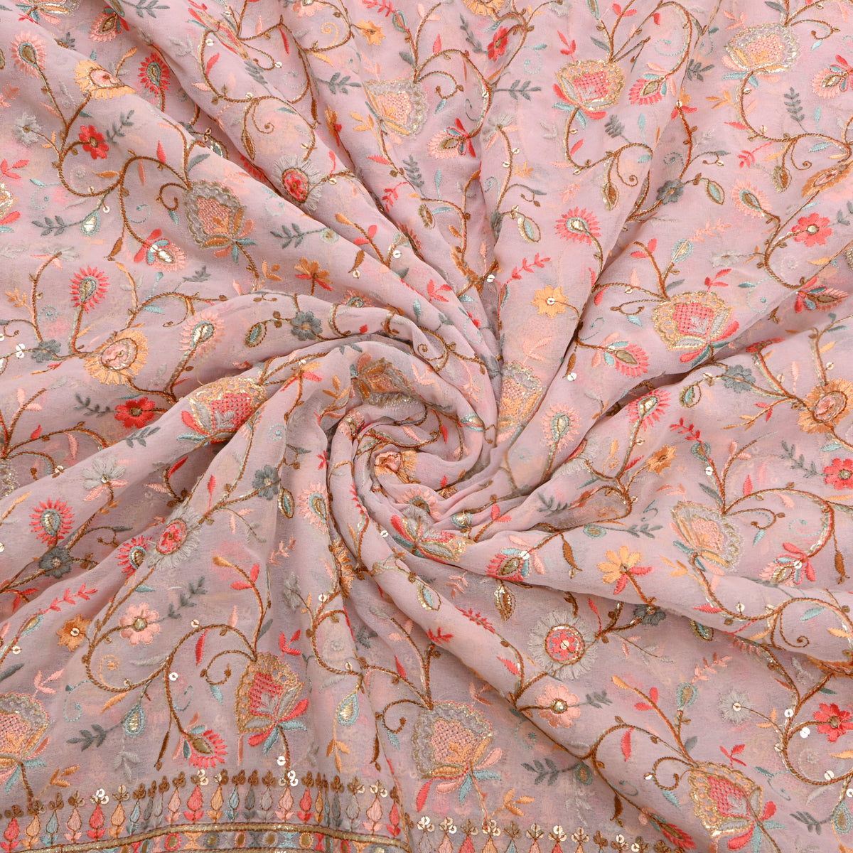 Pink Multicolour Resham Jaal Georgette Fabric