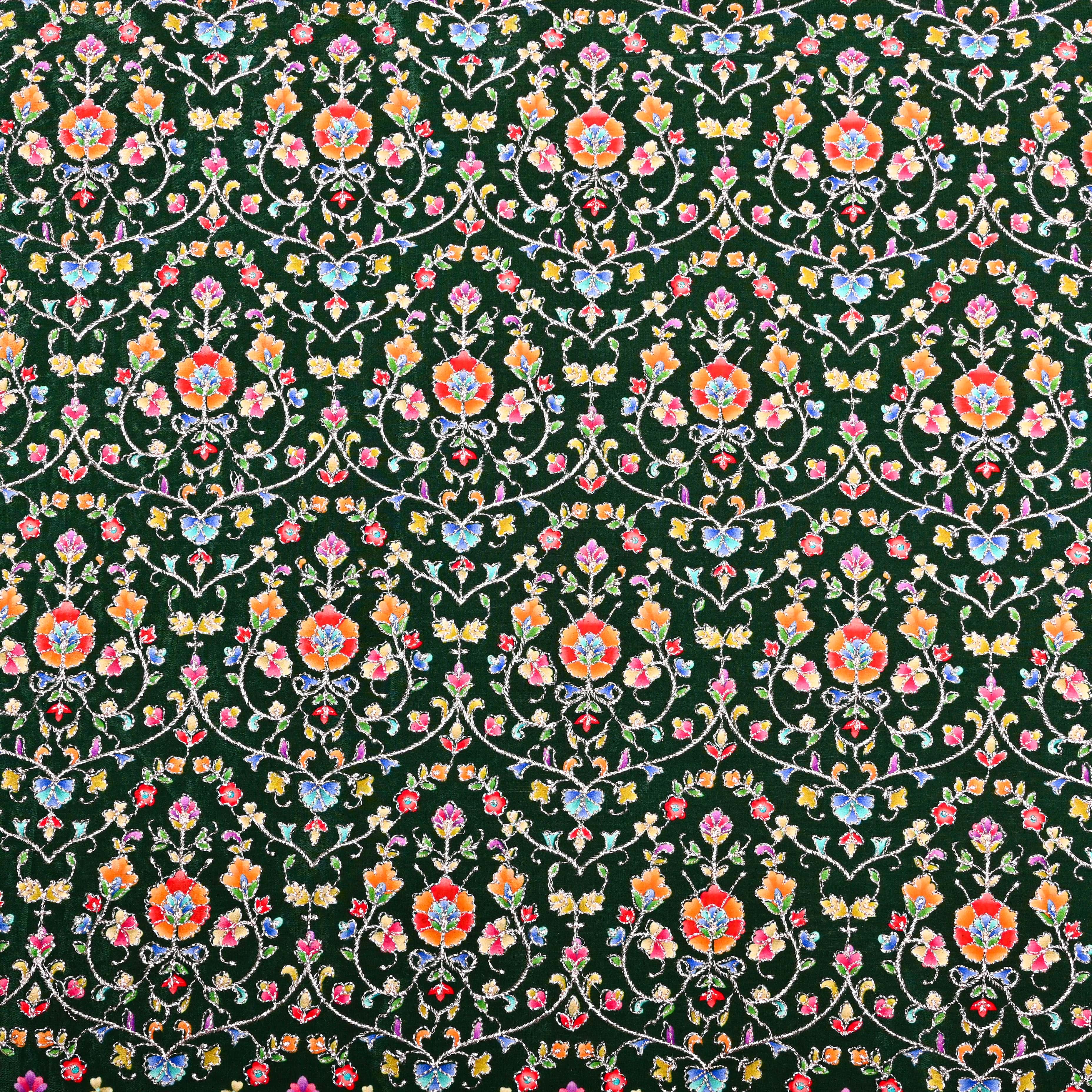 Dark Green Organza Fabric With Embroidery