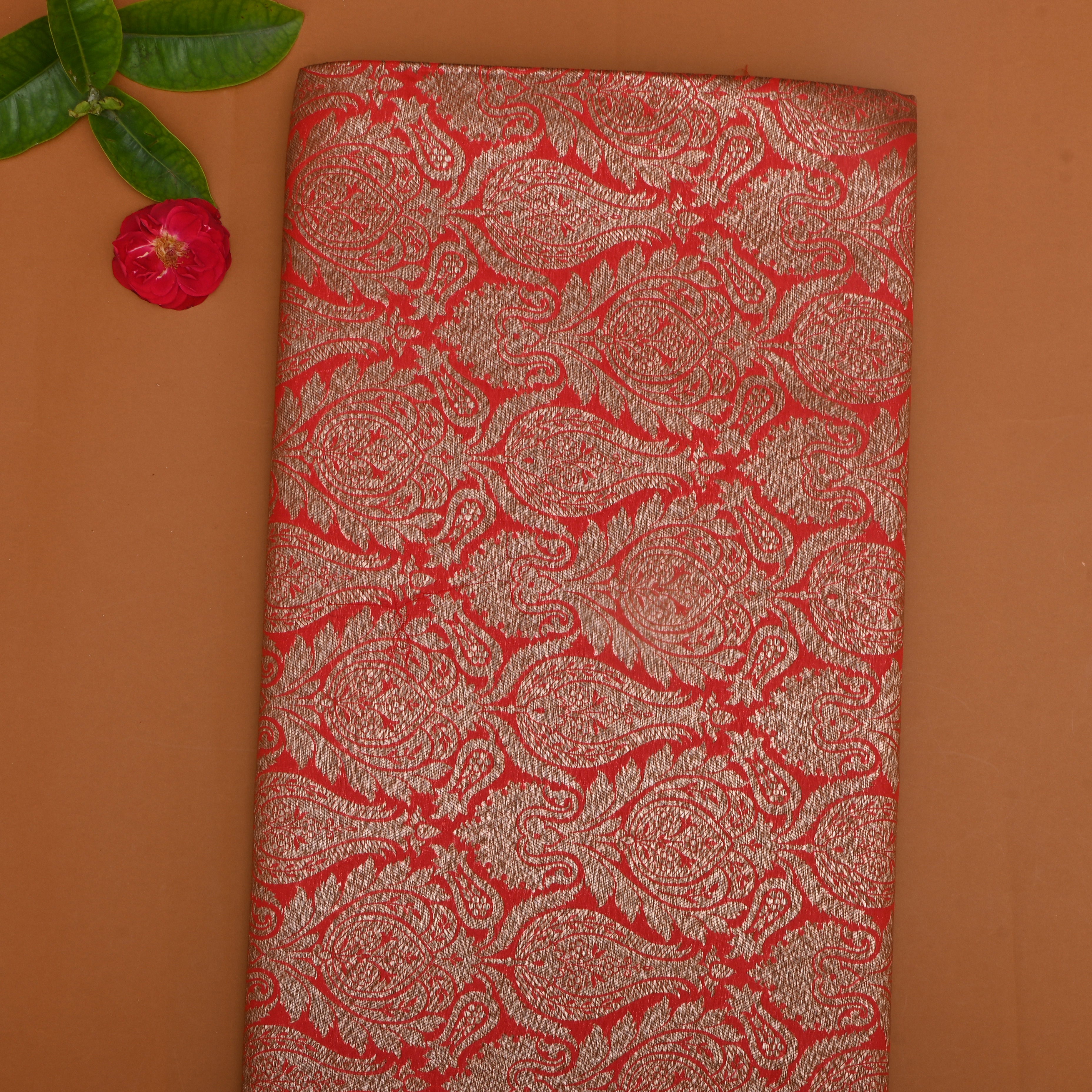 Golden Red Floral Zari Silk Fabric