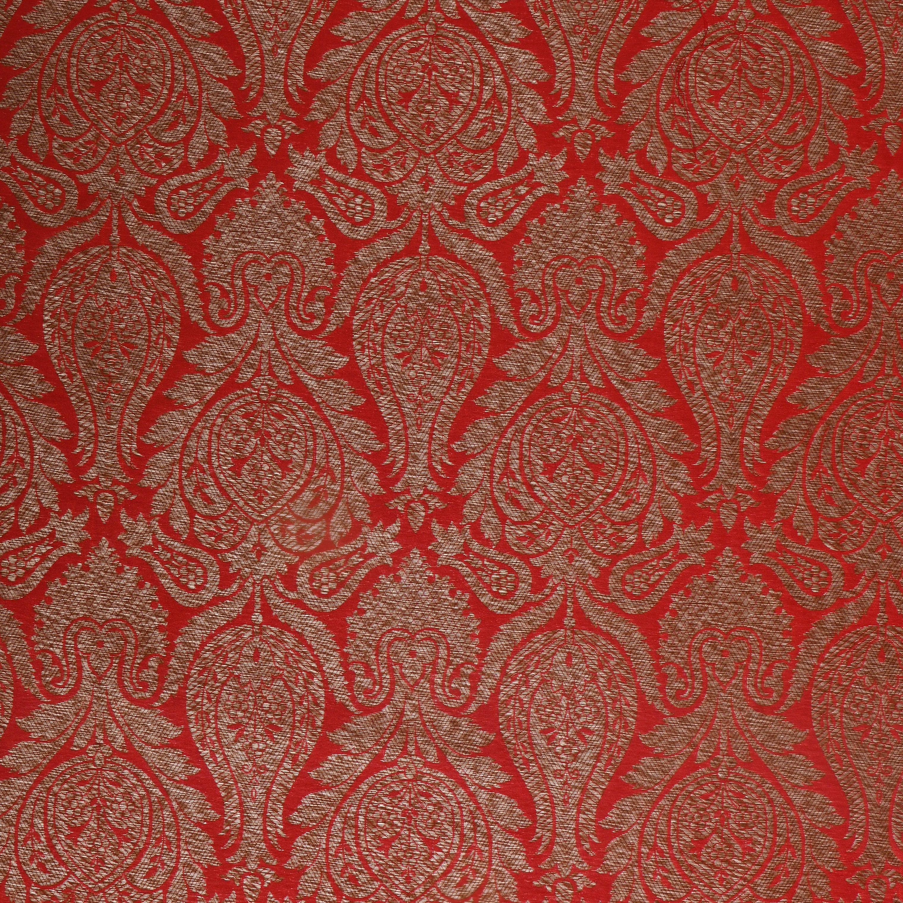 Golden Red Floral Zari Silk Fabric