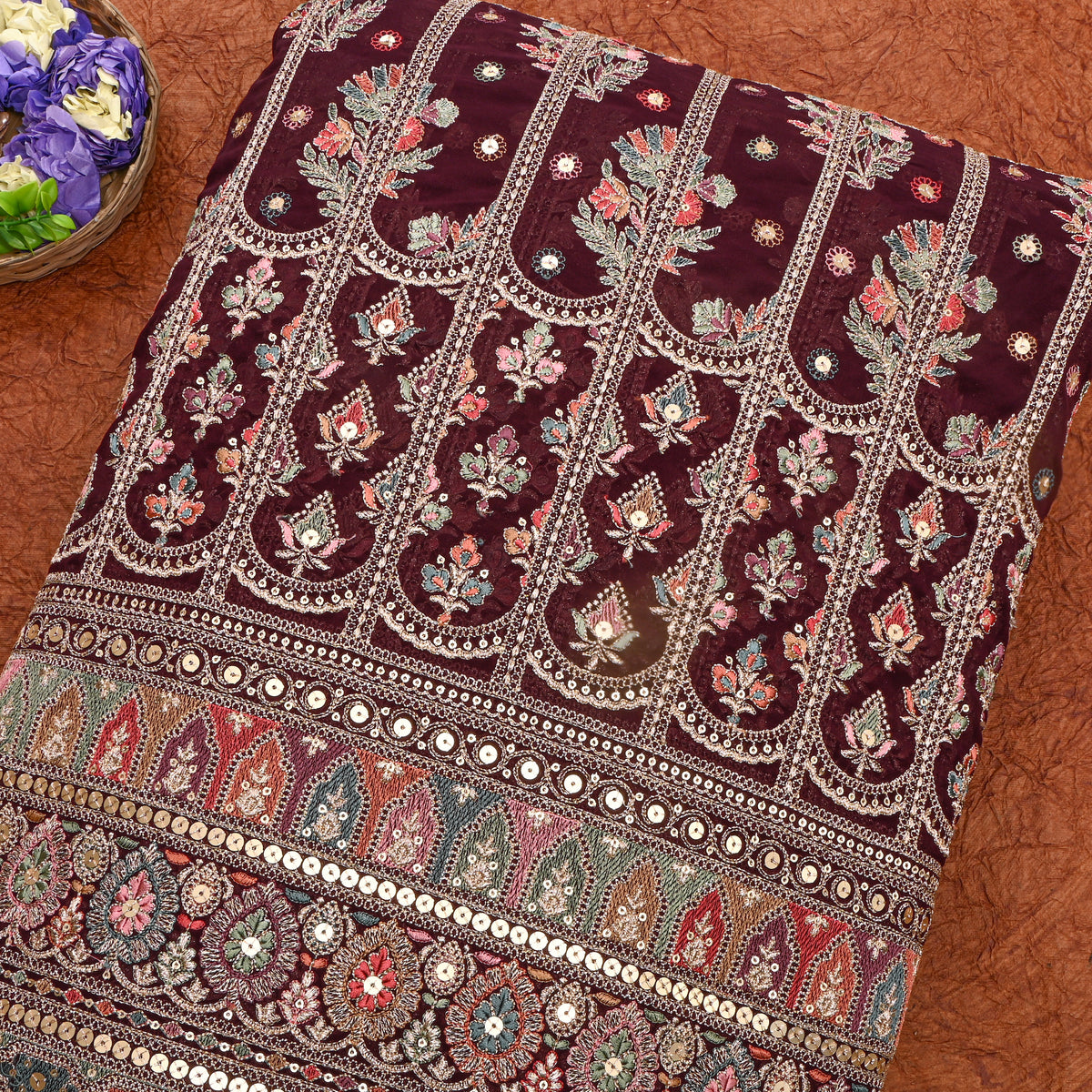 Maroon Multicolour Resham Embroidered Georgette