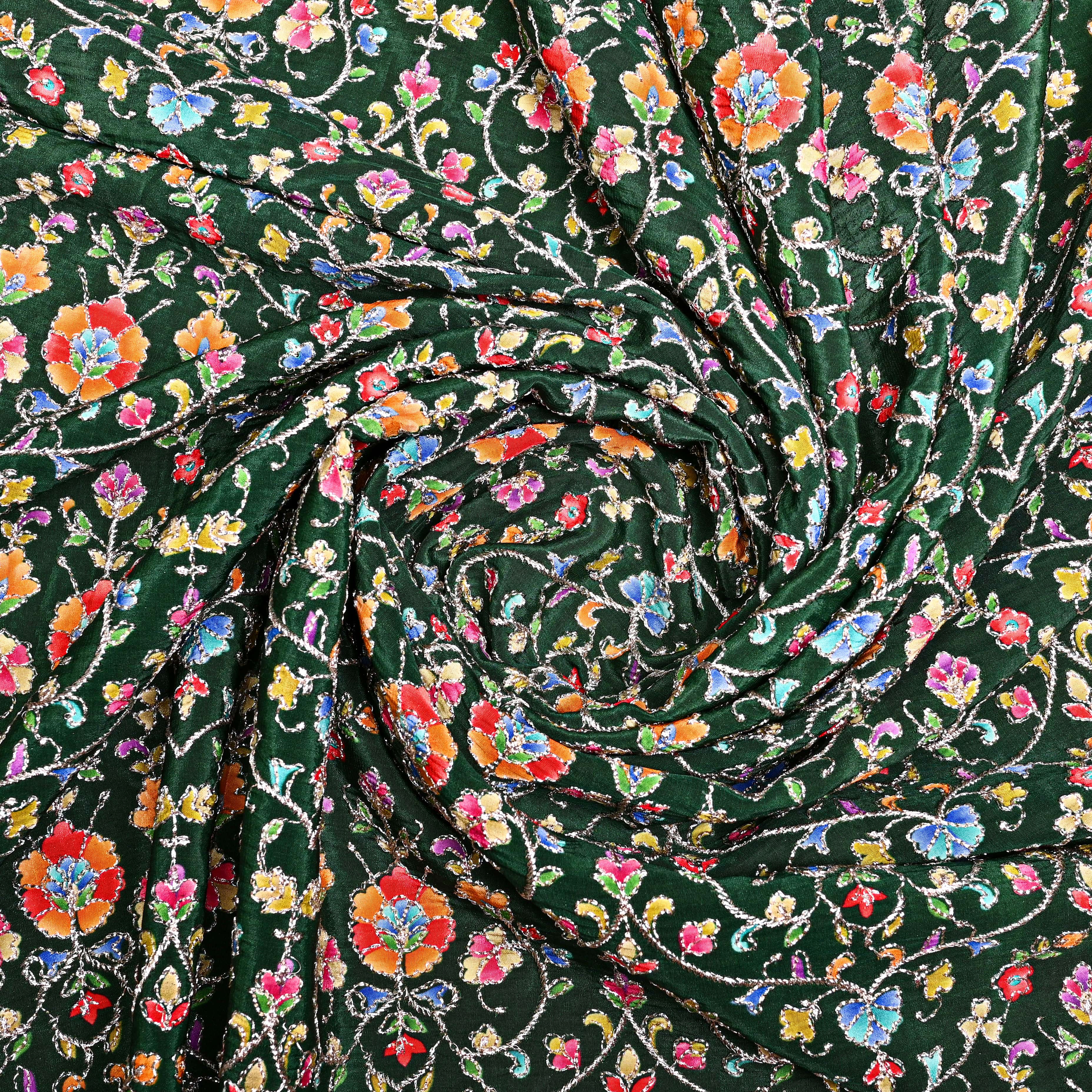 Dark Green Organza Fabric With Embroidery