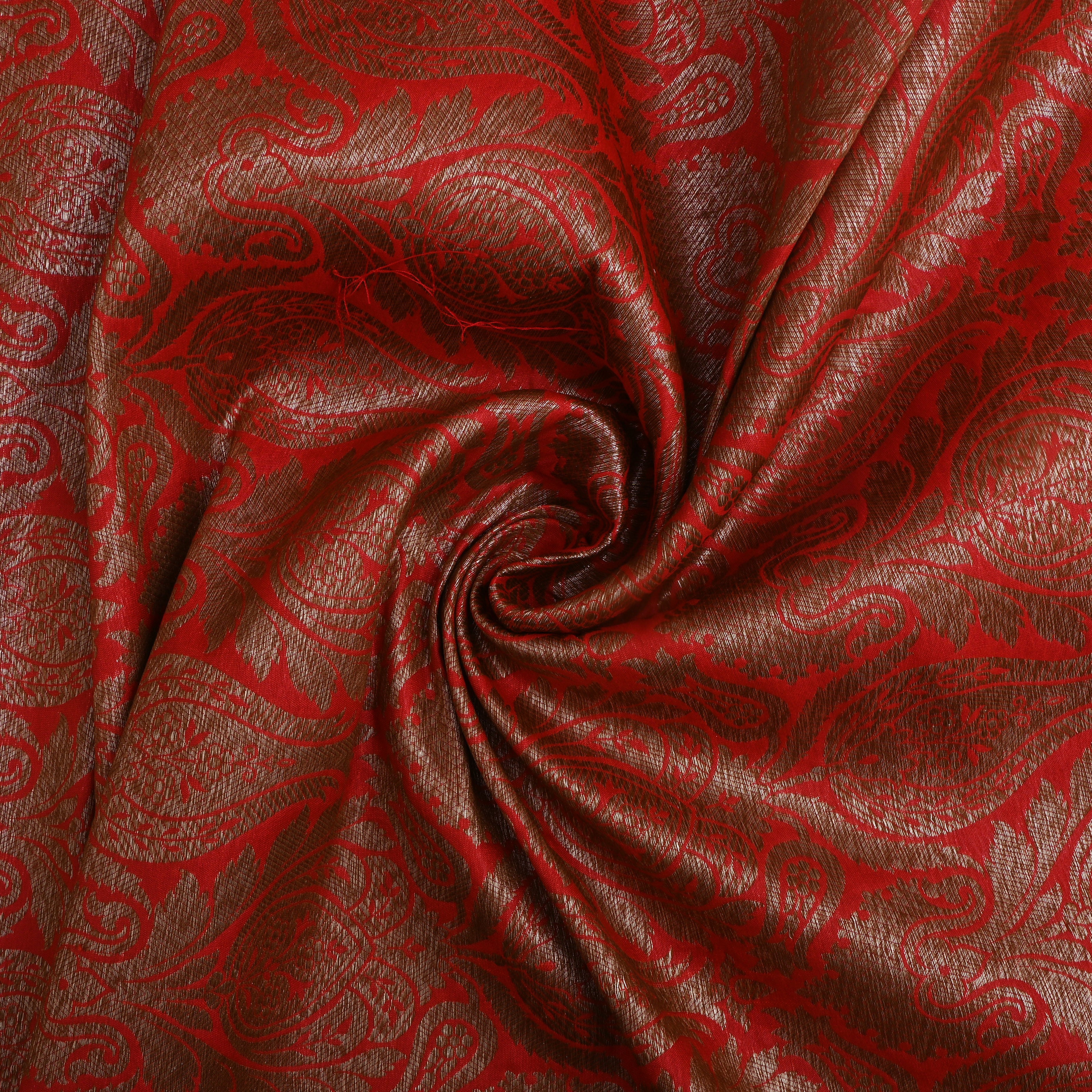 Golden Red Floral Zari Silk Fabric