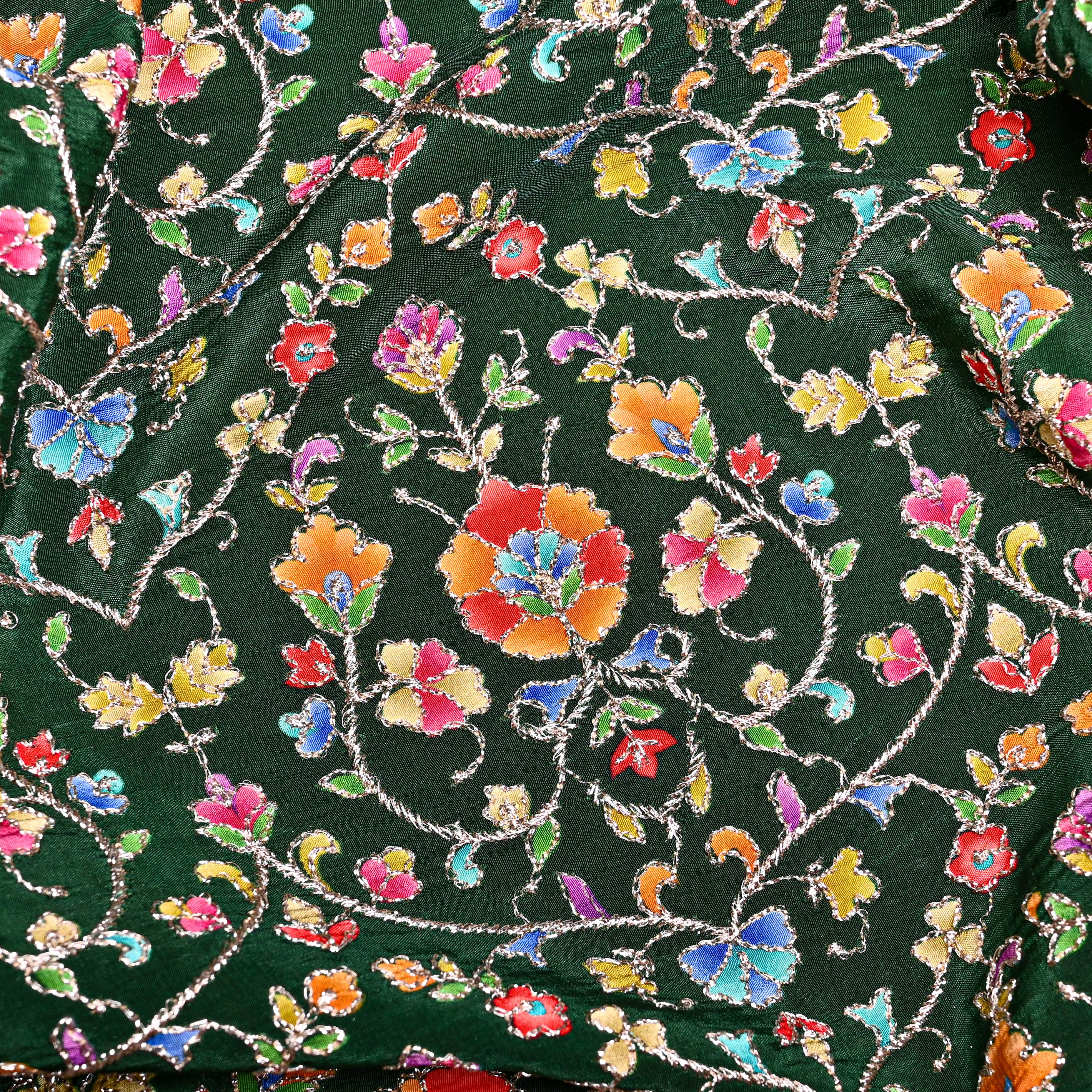 Dark Green Organza Fabric With Embroidery