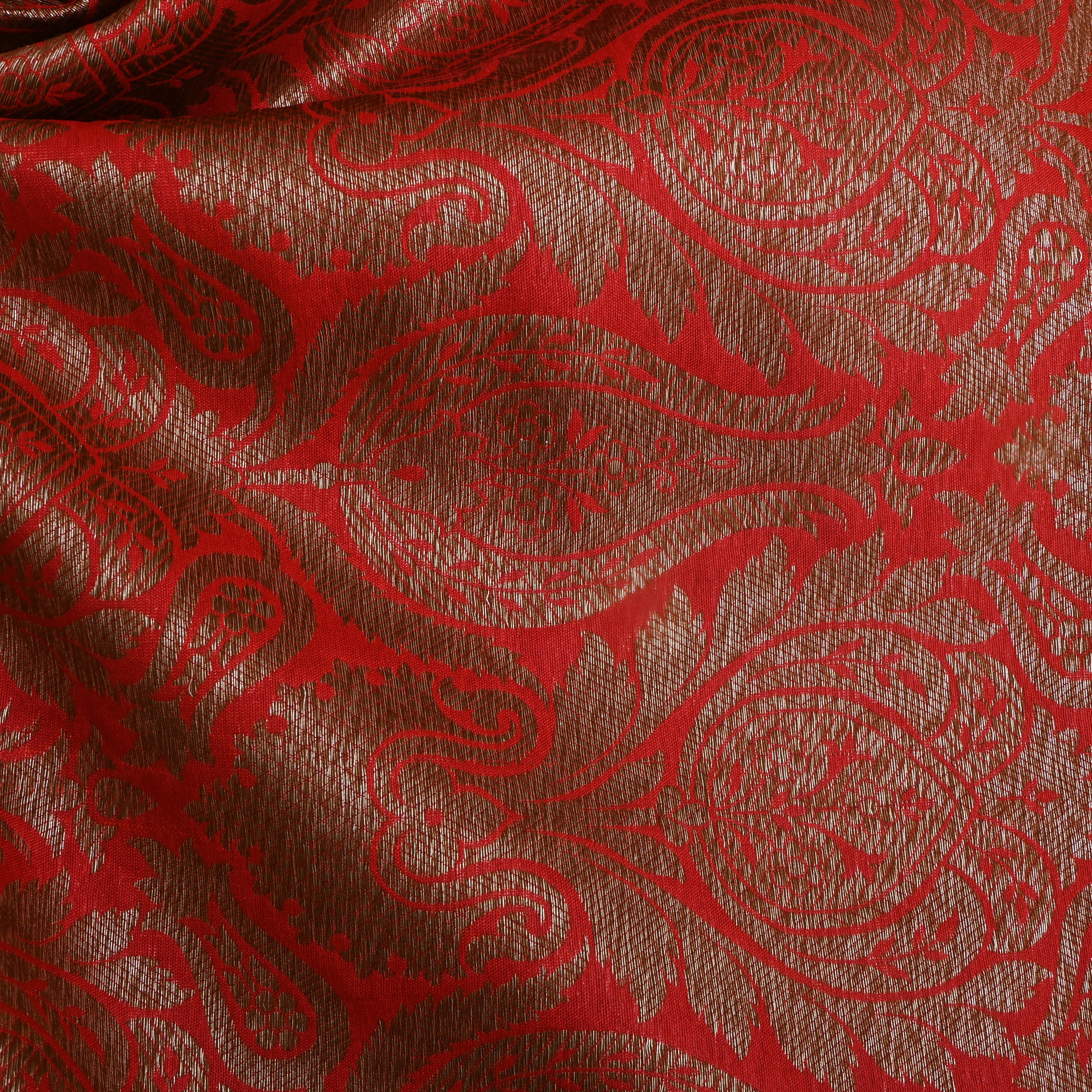 Golden Red Floral Zari Silk Fabric