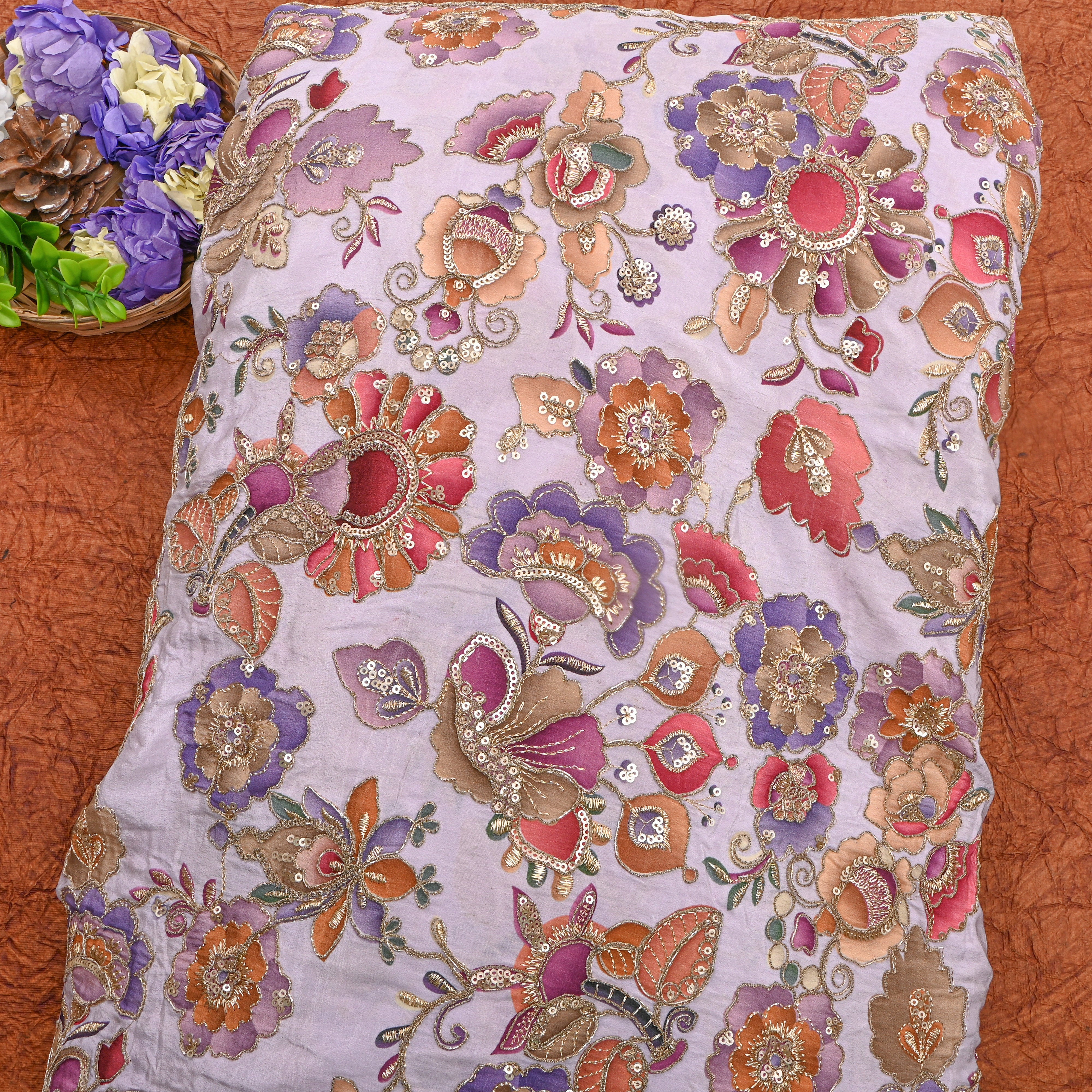 Bright Lavender Floral Print Silk Fabric