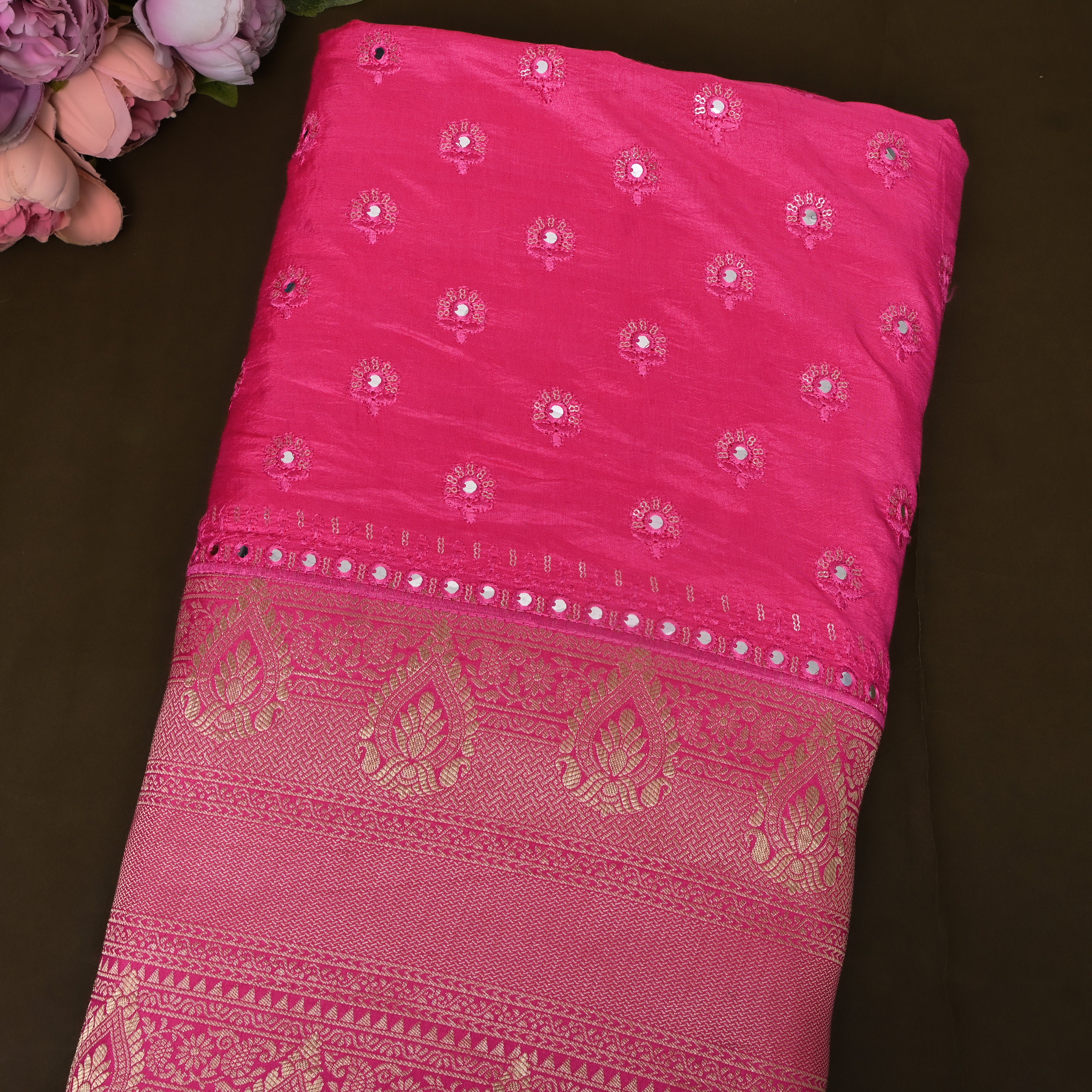 Rani Pink Mirror Work Buttis Silk Fabric