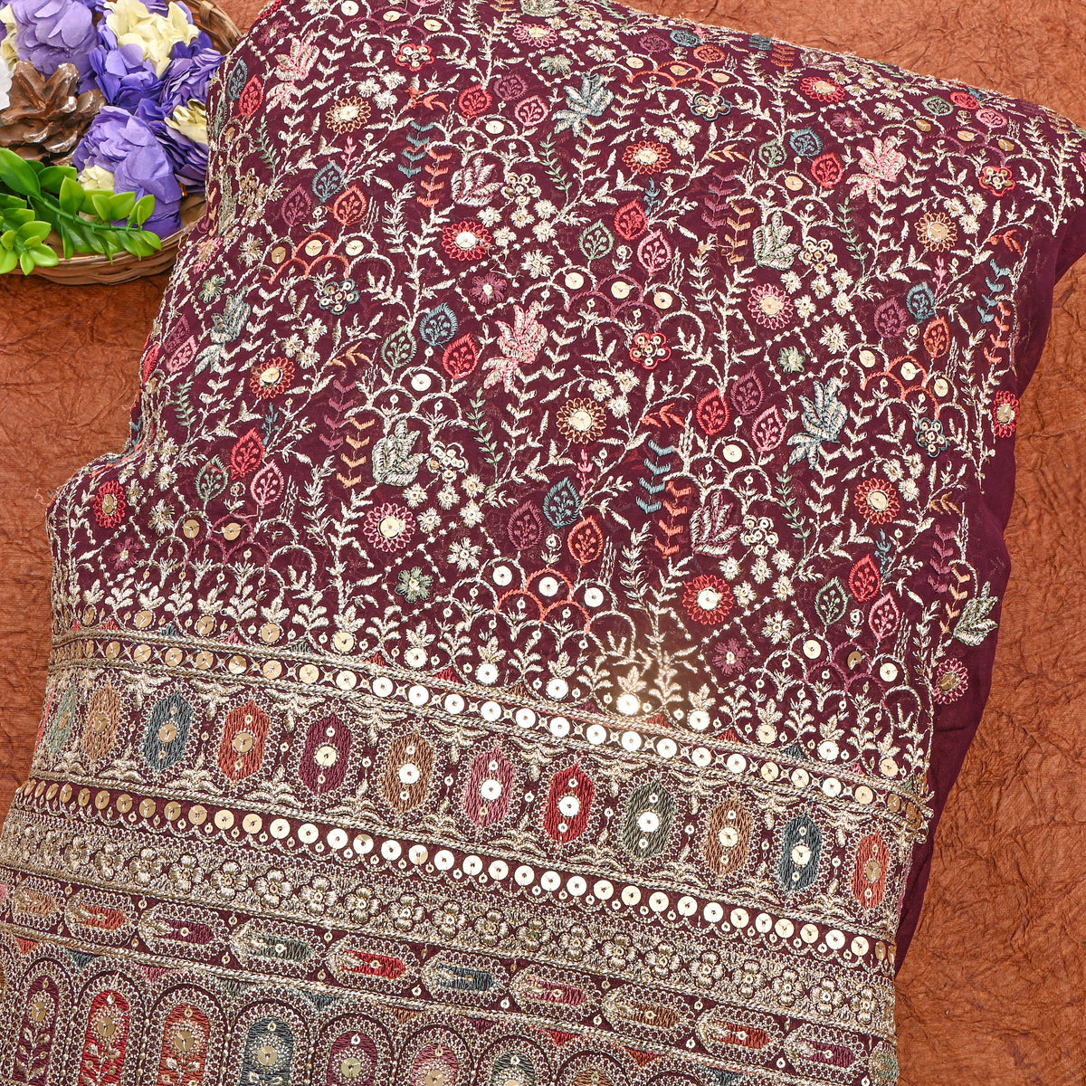 Dark Plum Purple Multicolour Resham Floral Embroidery Georgette Fabric