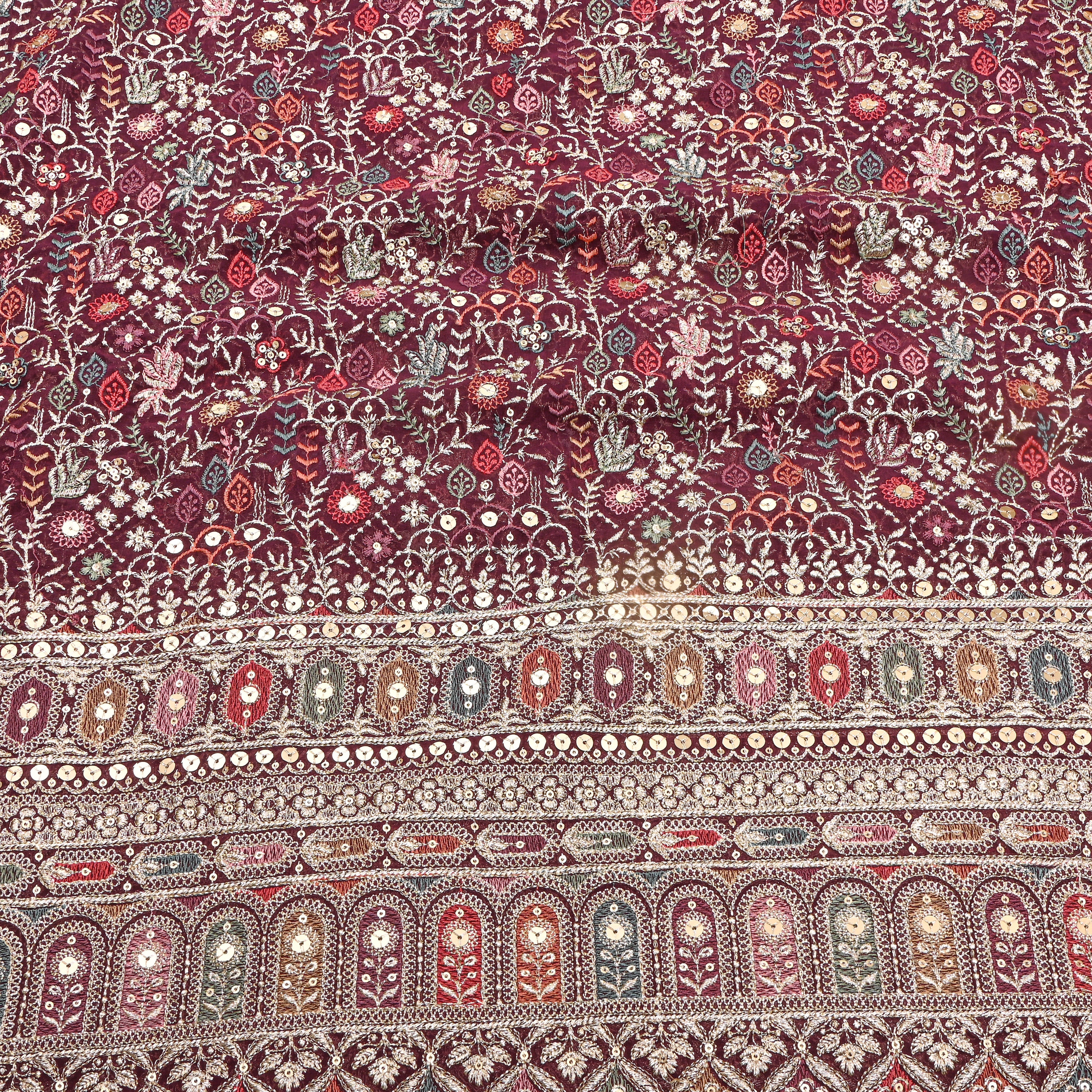 Dark Plum Purple Multicolour Resham Floral Embroidery Georgette Fabric
