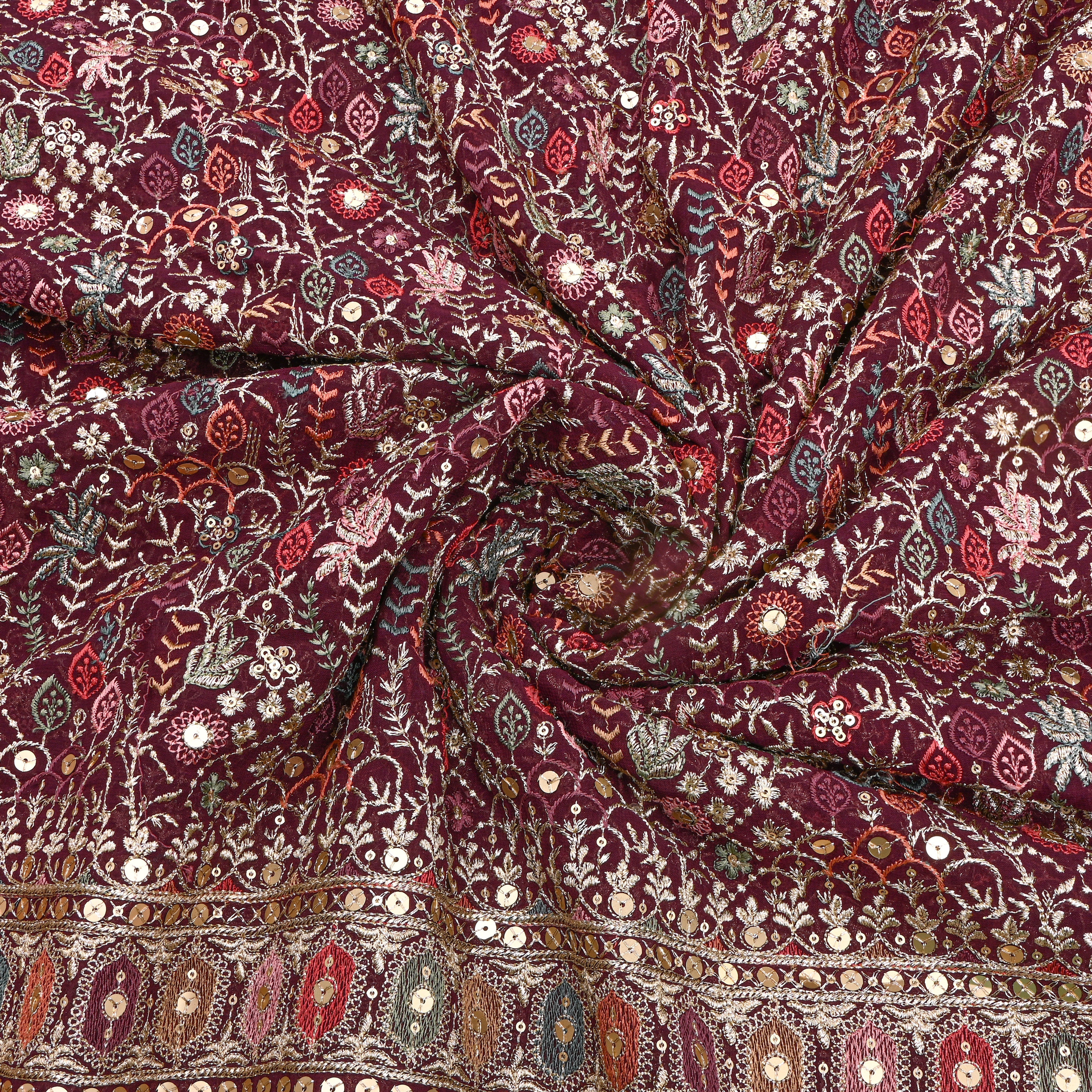Dark Plum Purple Multicolour Resham Floral Embroidery Georgette Fabric