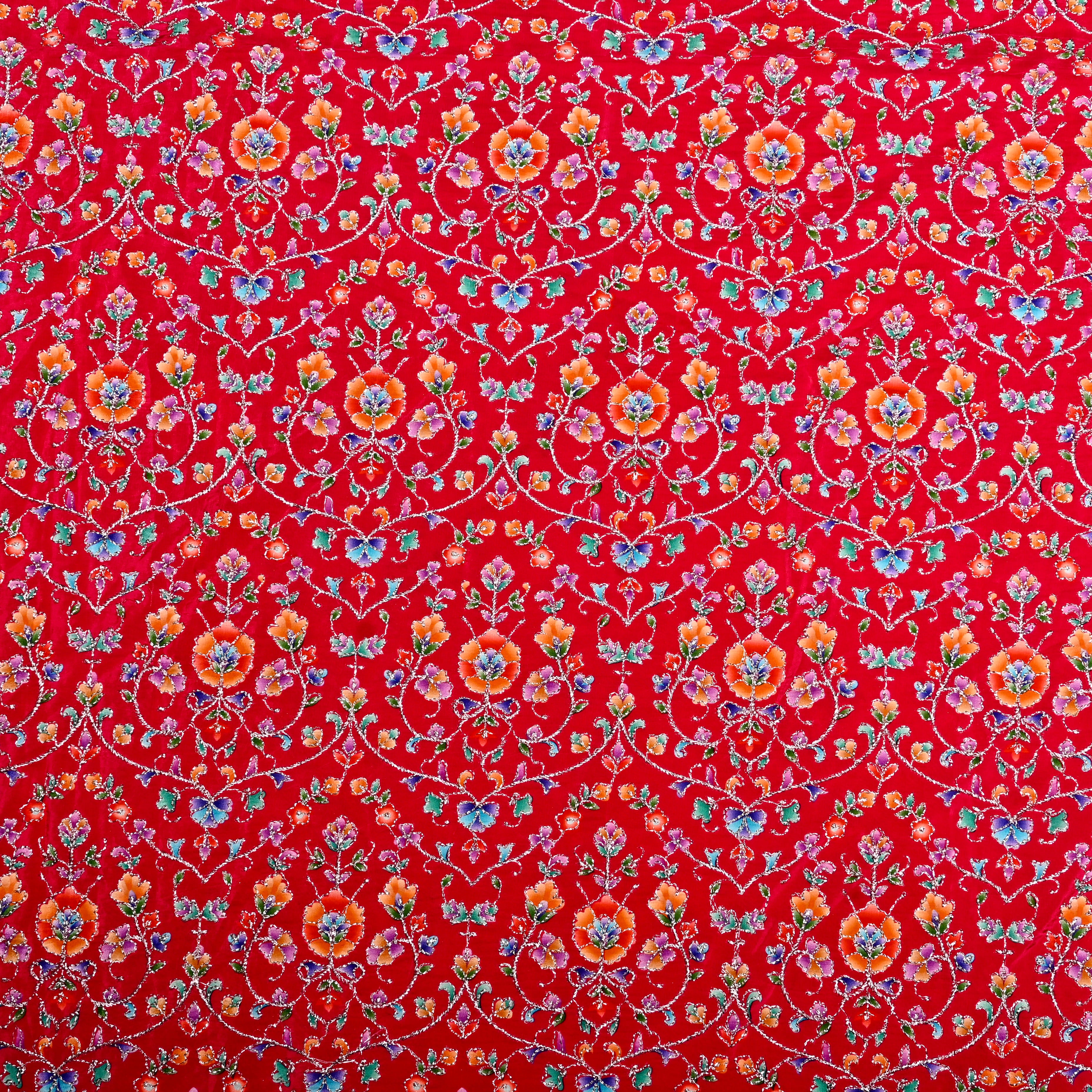 Cherry Red Organza Fabric With Printed Embroidery