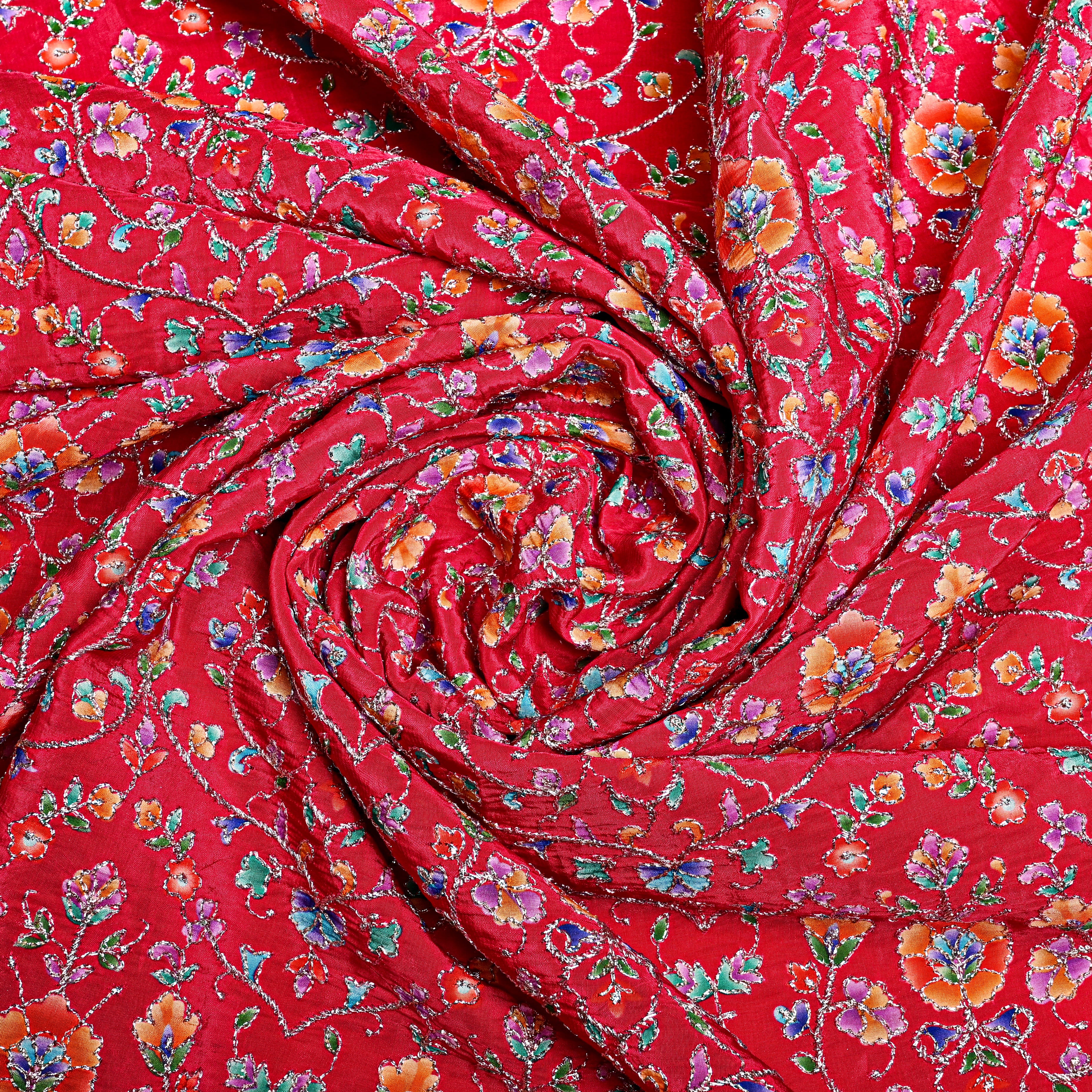 Cherry Red Organza Fabric With Printed Embroidery