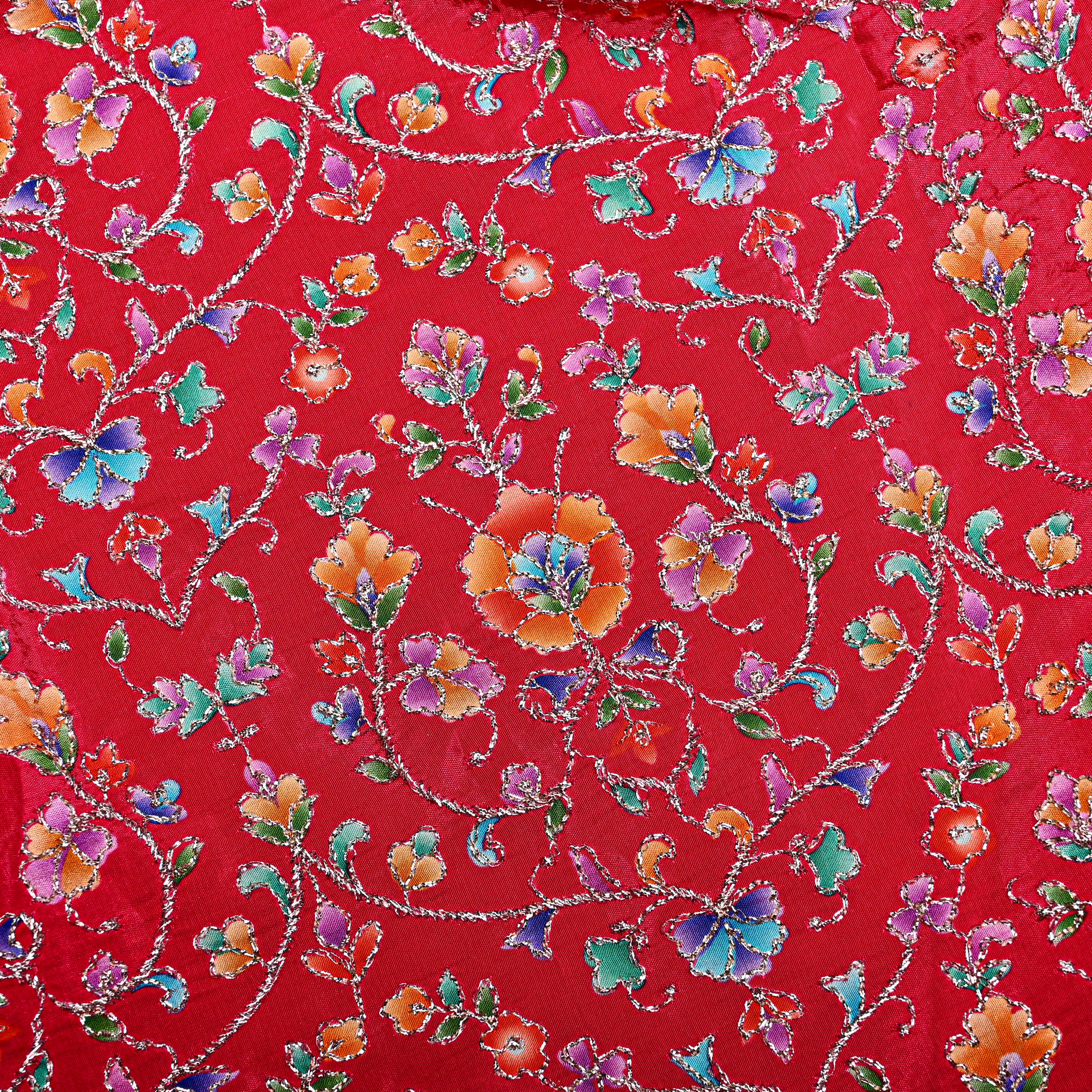 Cherry Red Organza Fabric With Printed Embroidery