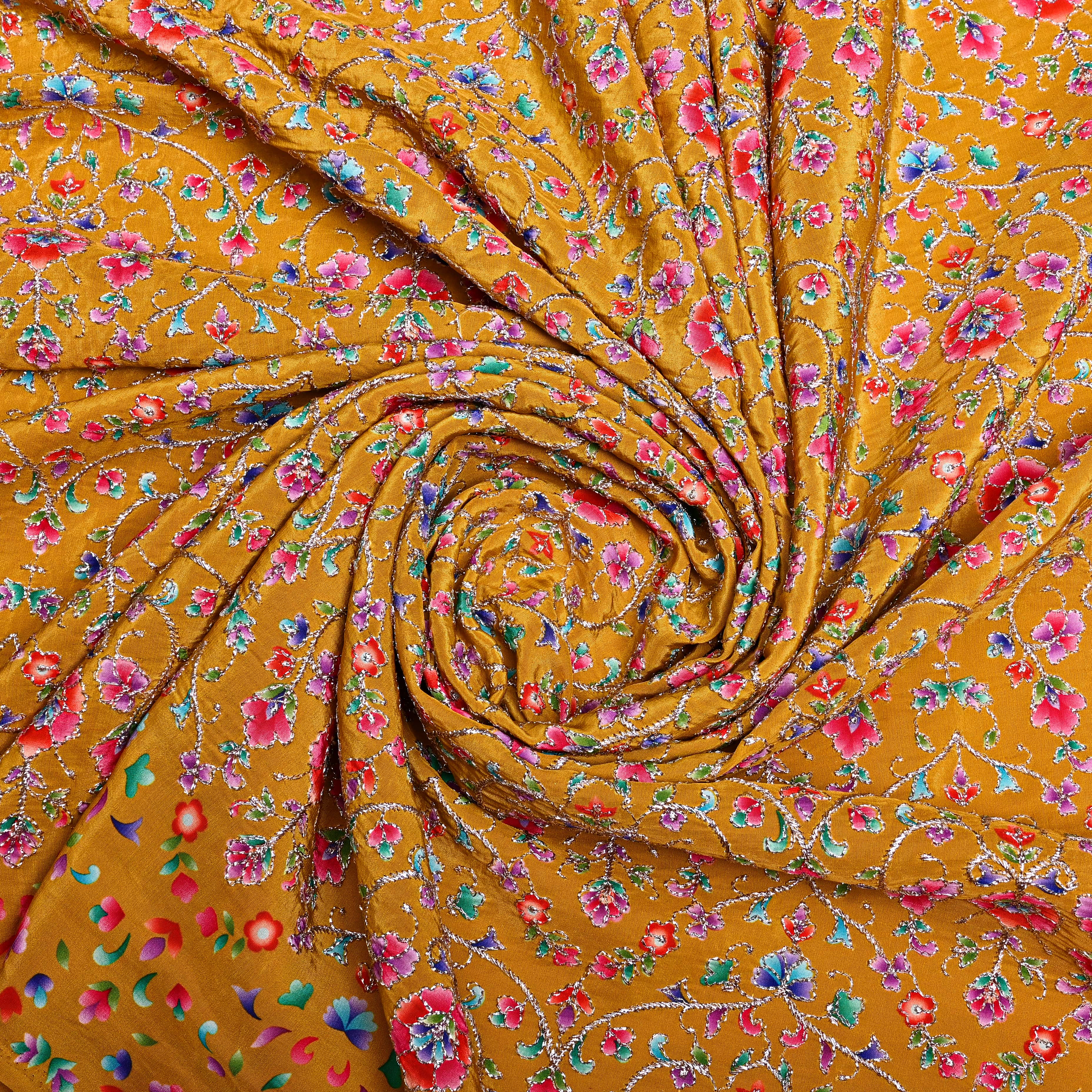 Gamboge Yellow Organza Fabric With Embroidery