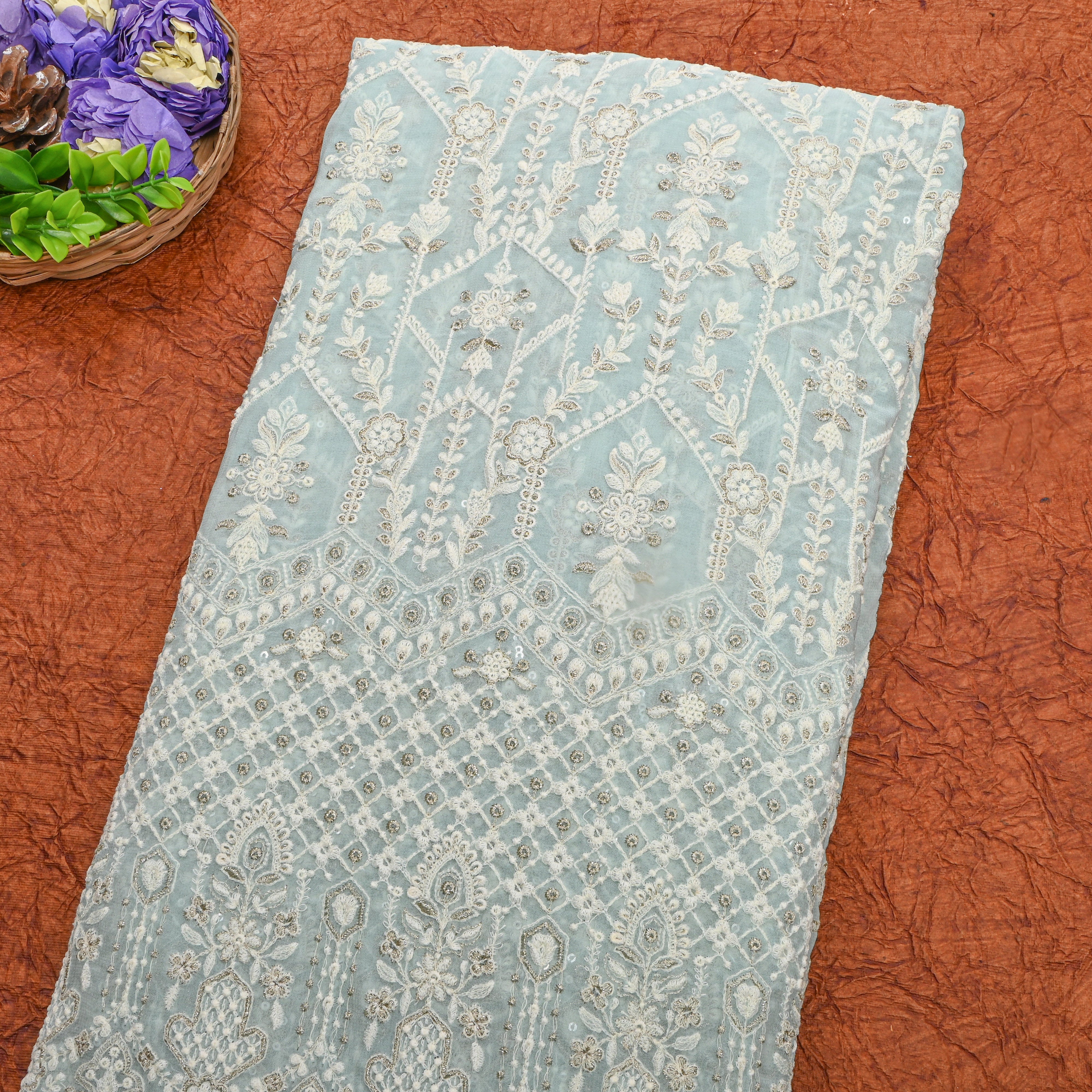 Pastel Green Geometric Thread Work Georgette