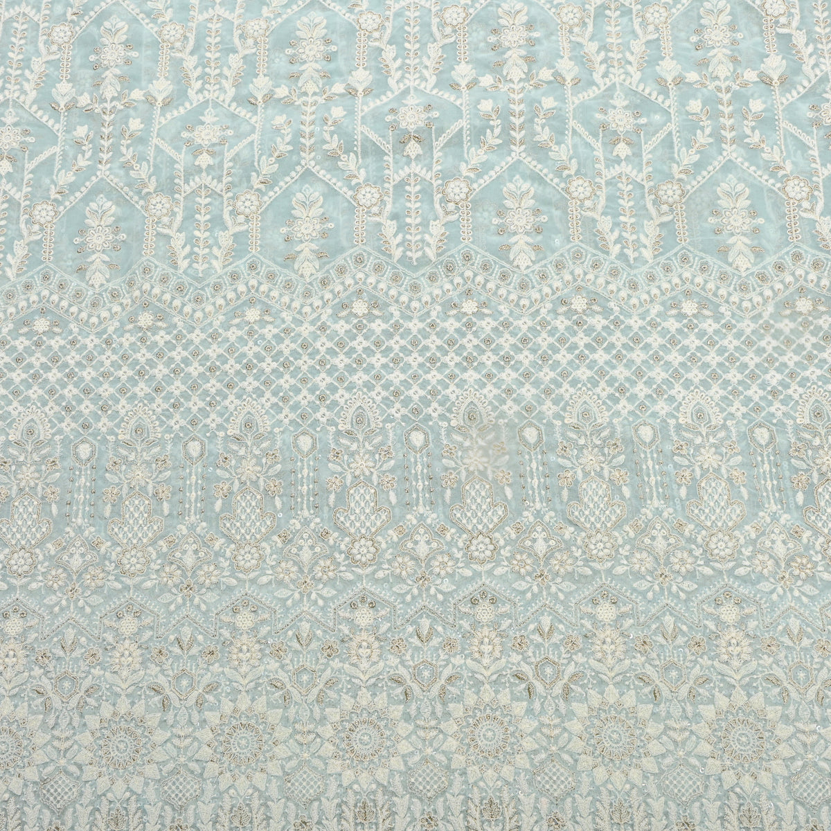 Pastel Green Geometric Thread Work Georgette