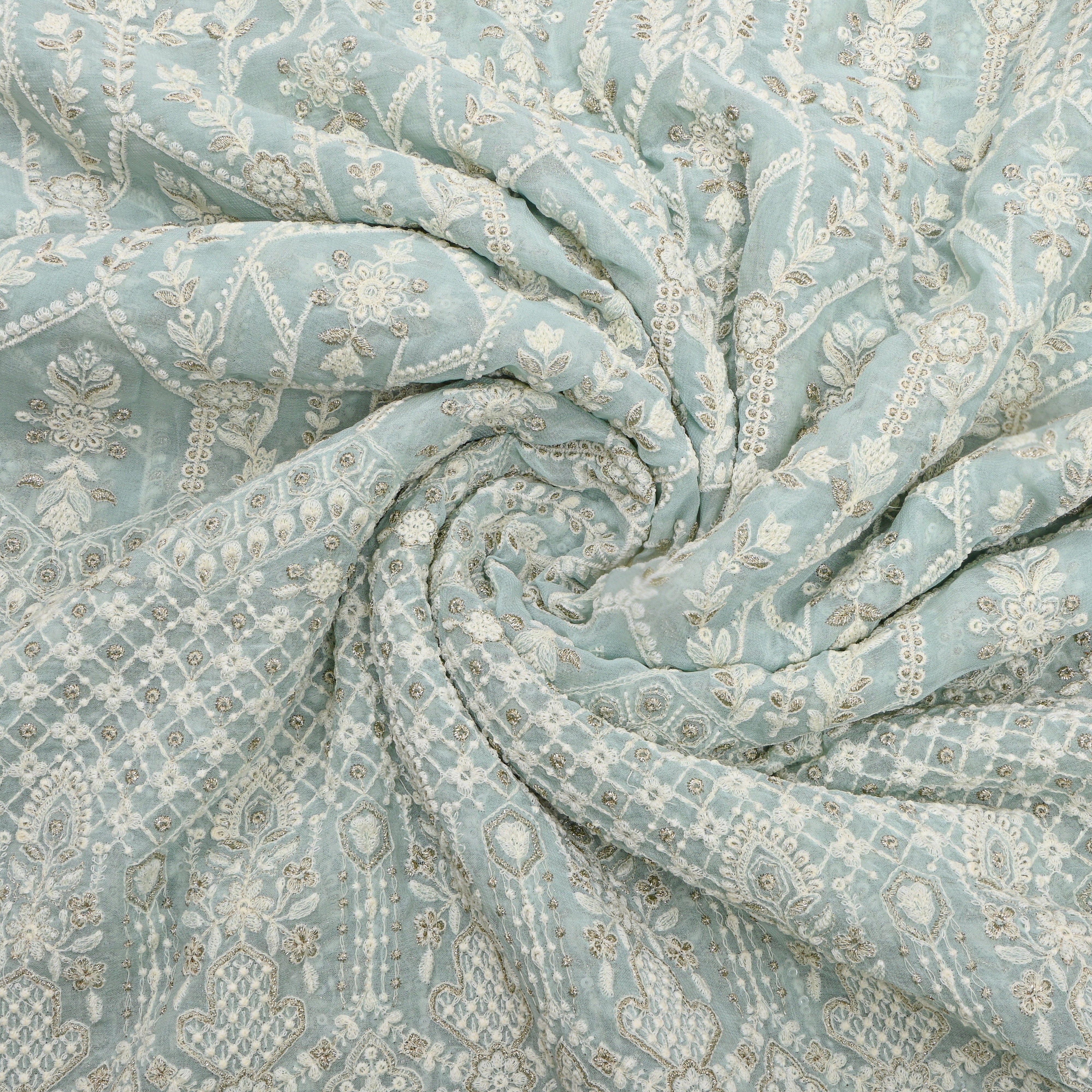 Pastel Green Geometric Thread Work Georgette