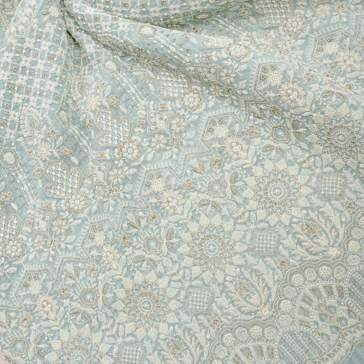 Pastel Green Geometric Thread Work Georgette
