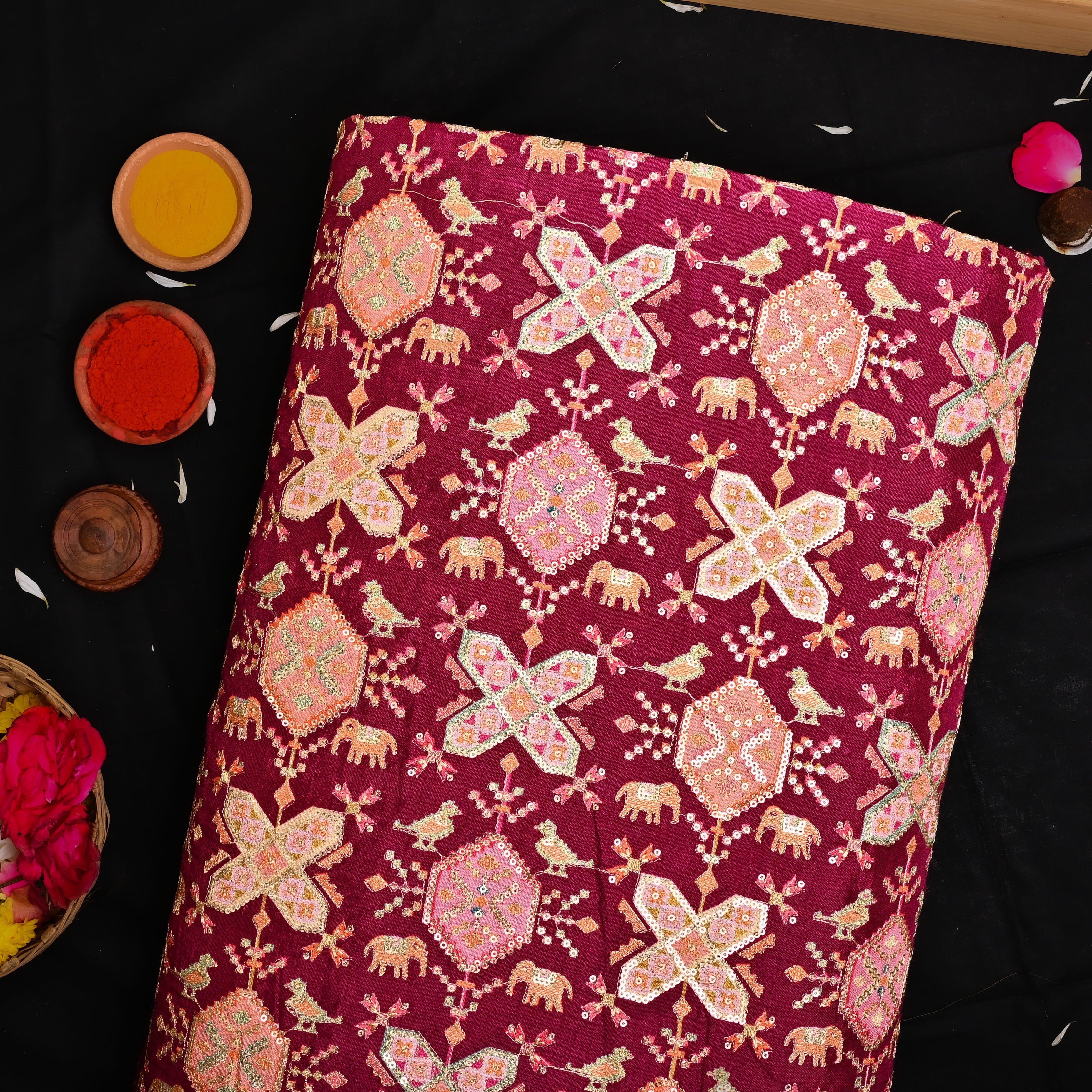 Purple Silk Fabric With Printed Embroidery