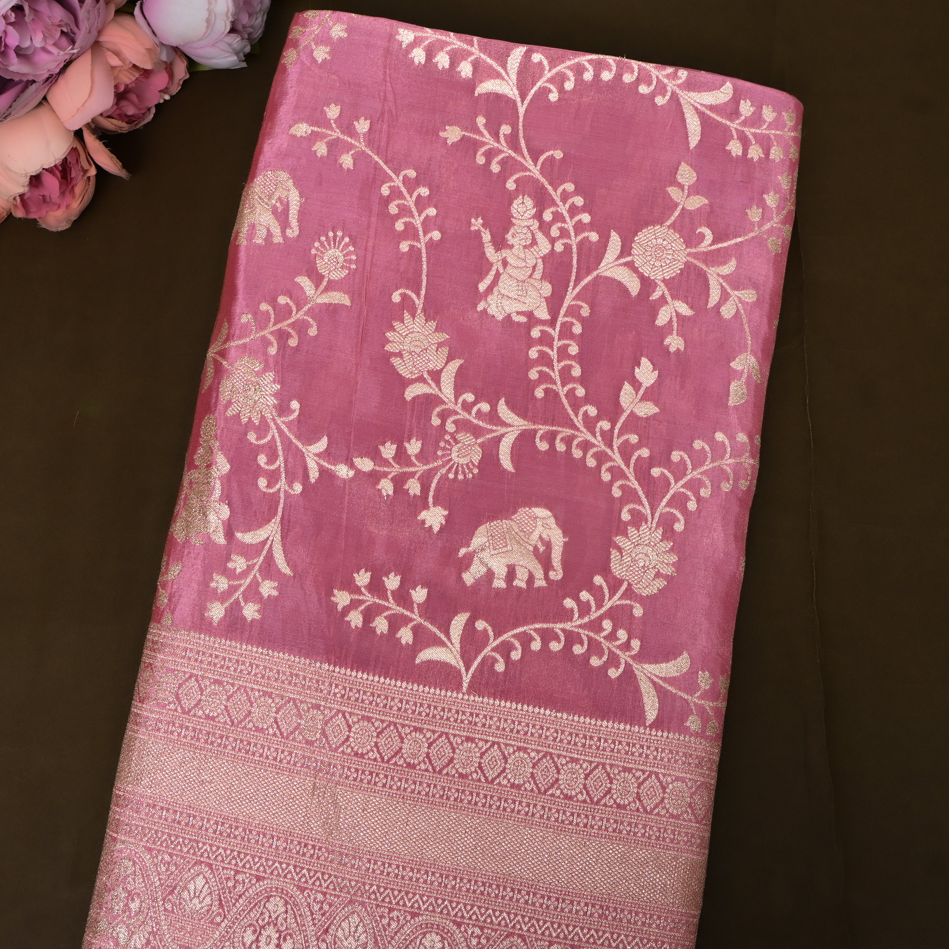 Rani Pink Zari Elephant Motif Fabric