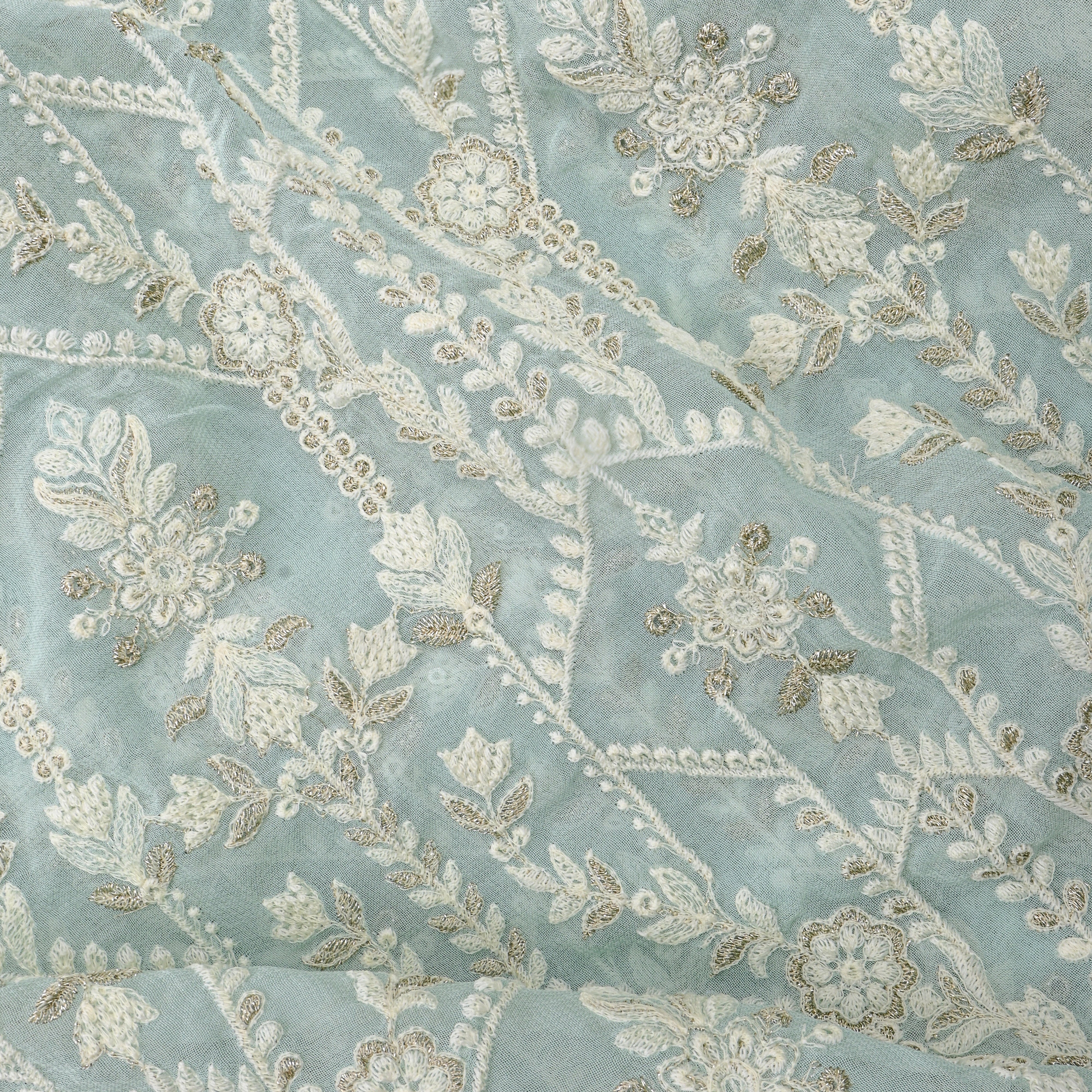 Pastel Green Geometric Thread Work Georgette